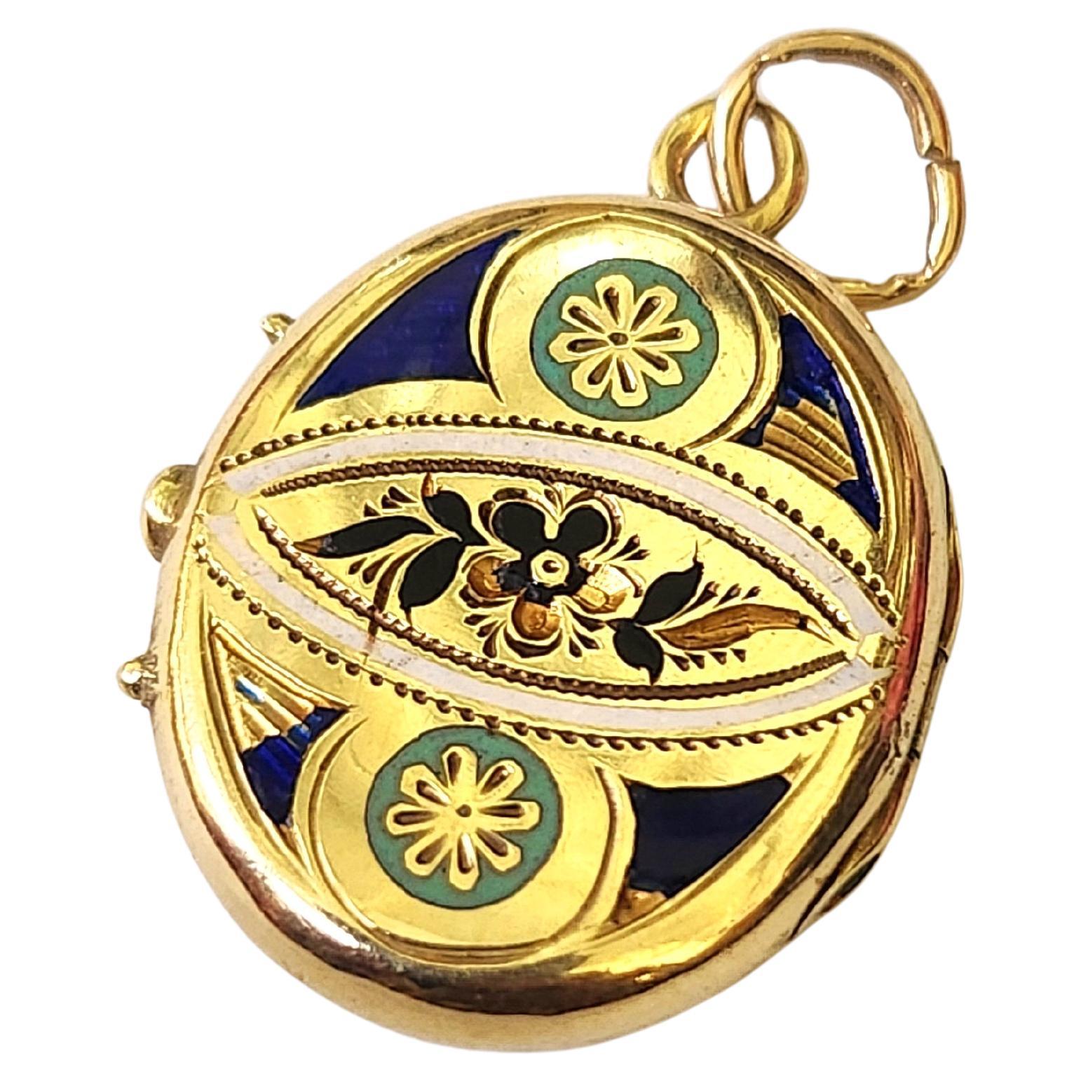 Antico ciondolo a medaglione in oro di epoca imperiale russa del 1800 con colori smaltati e vetro fotografico originale con marchio 56 imperial russian gold standard e marchio iniziale del produttore lunghezza del ciondolo 2 cm e 4,5 grammi di oro
