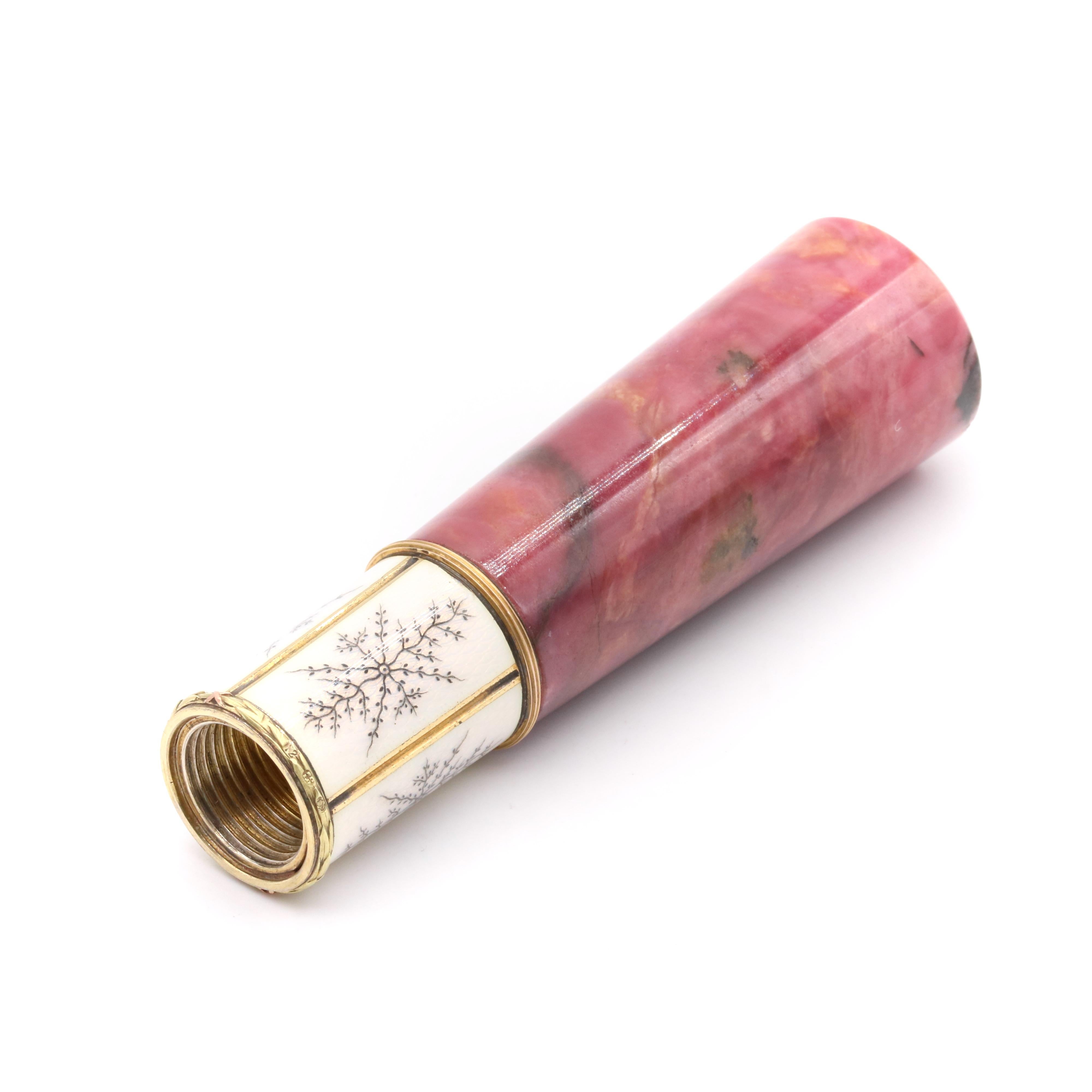 Edwardian Antique Russian 18K Yellow Gold Rhodonite Agate and Enamel Parasol Handle For Sale