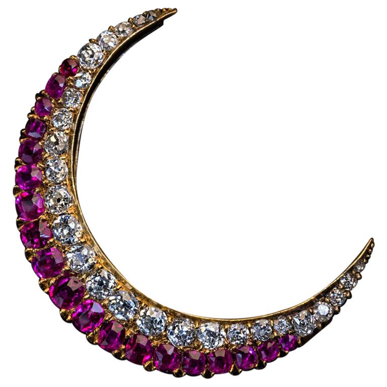 Antique Russian 19th Century Diamond Ruby Gold Crescent Moon Brooch