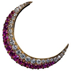Antique Russian 19th Century Diamond Ruby Gold Crescent Moon Brooch