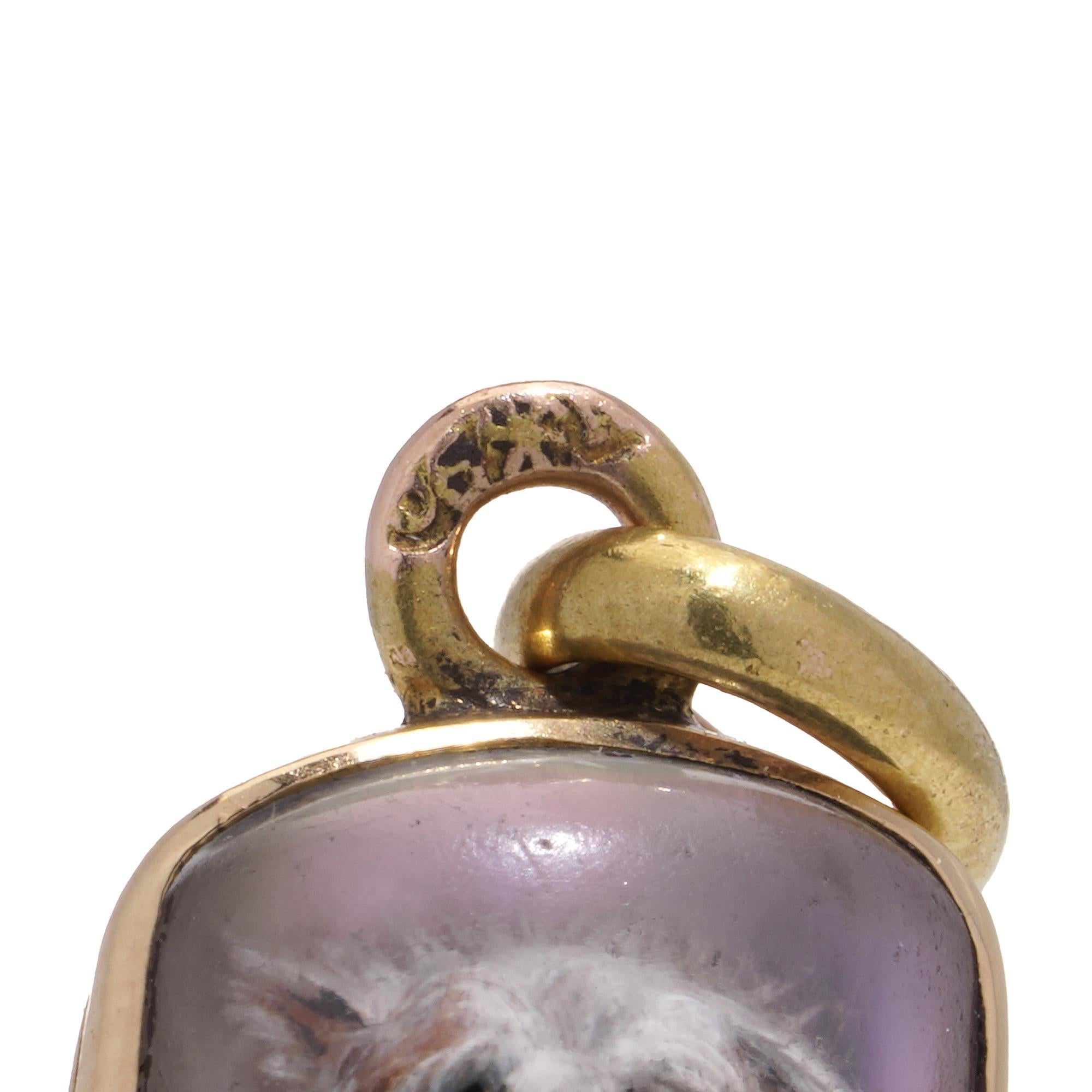 Antique Russian 21kt. yellow gold pendant with dog miniature and set with diamon For Sale 1