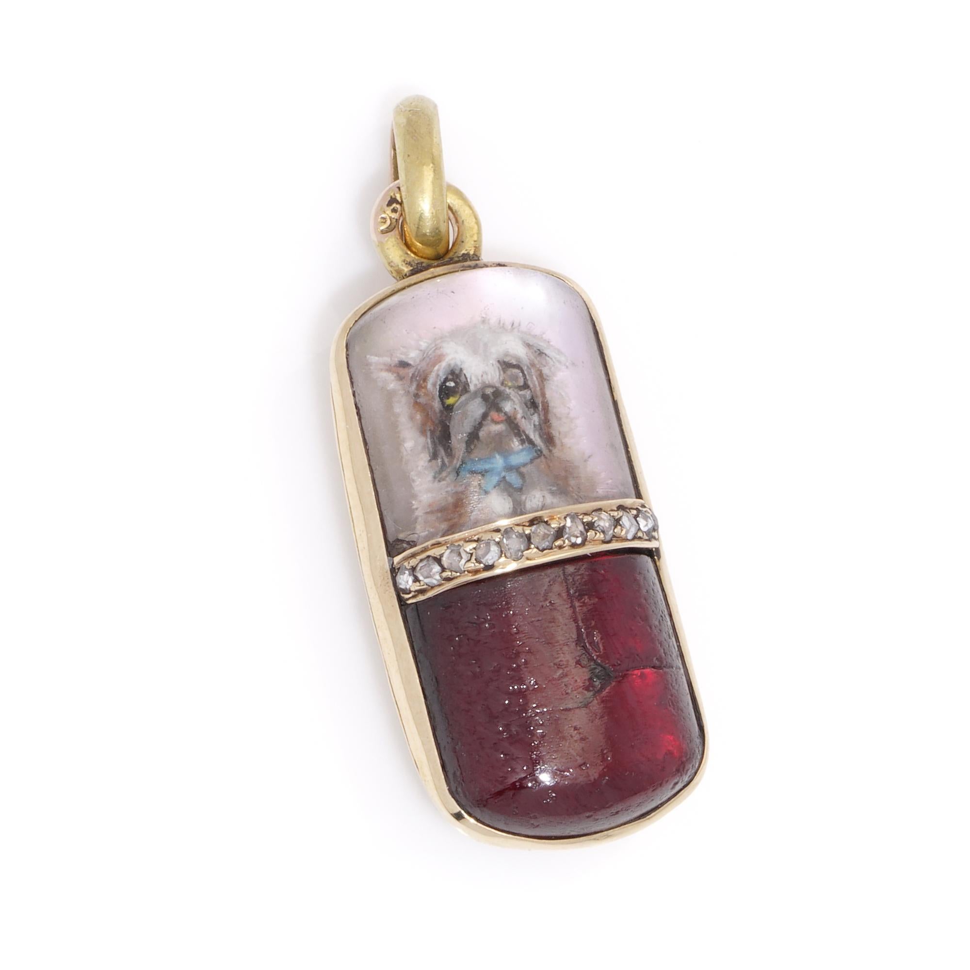 Antique Russian 21kt. yellow gold pendant with dog miniature and set with diamon For Sale 2