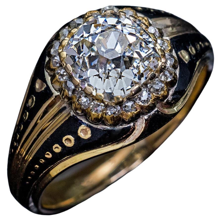 Antique Russian 2.24 Ct Diamond Enamel Gold Unisex Ring  For Sale