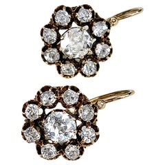 Antique Russian 2.40 Carats Cluster Old Mind Cut Diamond Gold Earrings