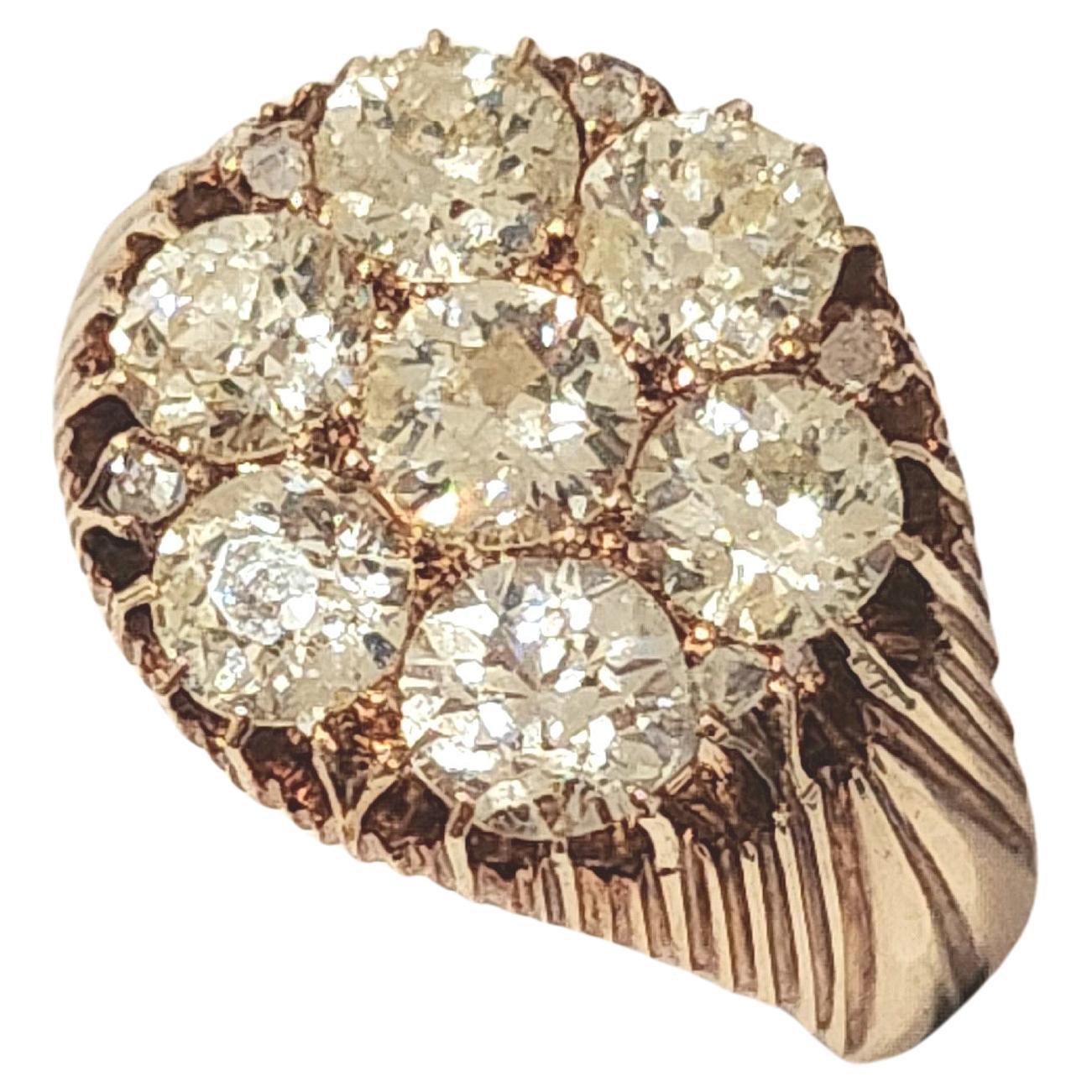 Antique imperial russia era 1900s 14k gold cluster ring centered with old mine cut diaminds estimate weight of 3 carats H/I color excellent cut and spark ring is unisex in style hall marked 56 imperial russian gold standard and initial maker mark in