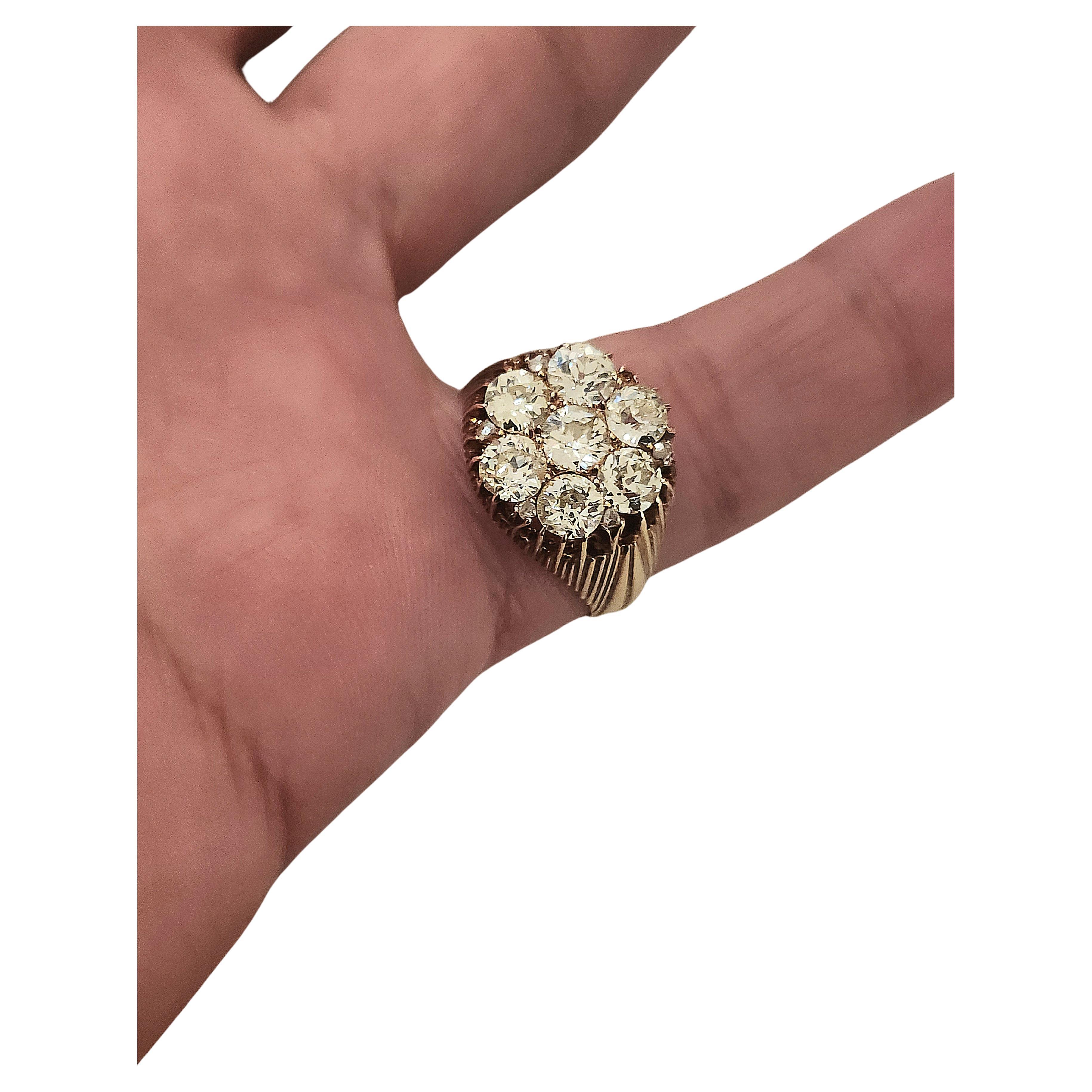 Women's or Men's Antique Russian 3 Carat Old Mine Cut Diamond Cluster Gold Ring For Sale