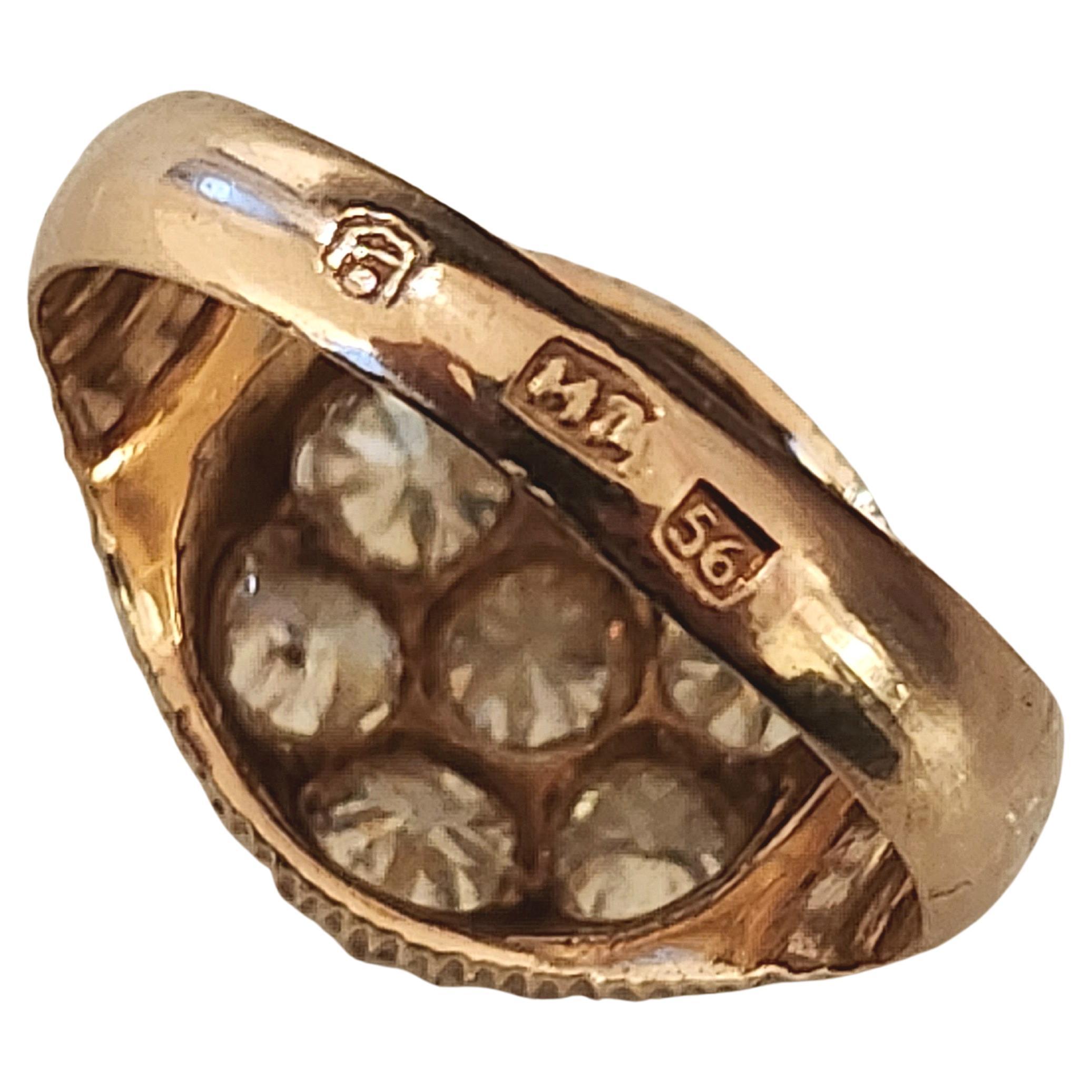 Antique Russian 3 Carat Old Mine Cut Diamond Cluster Gold Ring For Sale 2