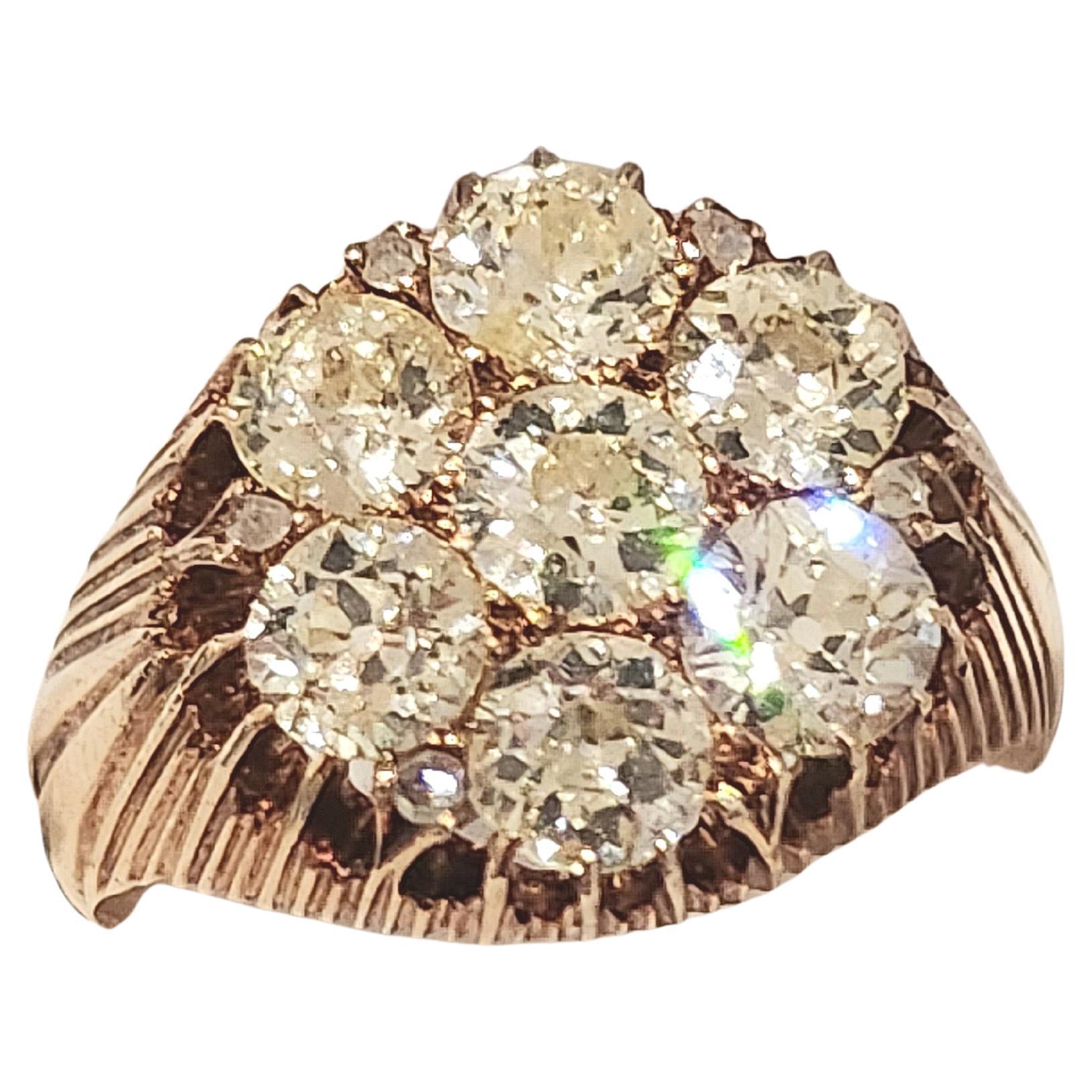 Antique Russian 3 Carat Old Mine Cut Diamond Cluster Gold Ring