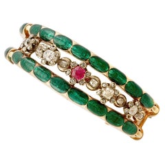 Antique Russian 2.86 Carat Diamond Synthetic Ruby and Enamel and Gold Bangle