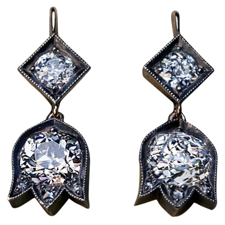 Antique Russian 2.95 Ct Old Mine Cut Diamond Earrings