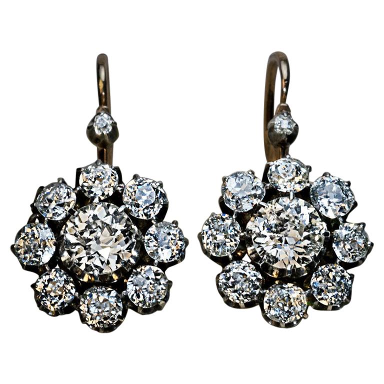 Antique Russian 4.28 Carat Diamond Cluster Earrings