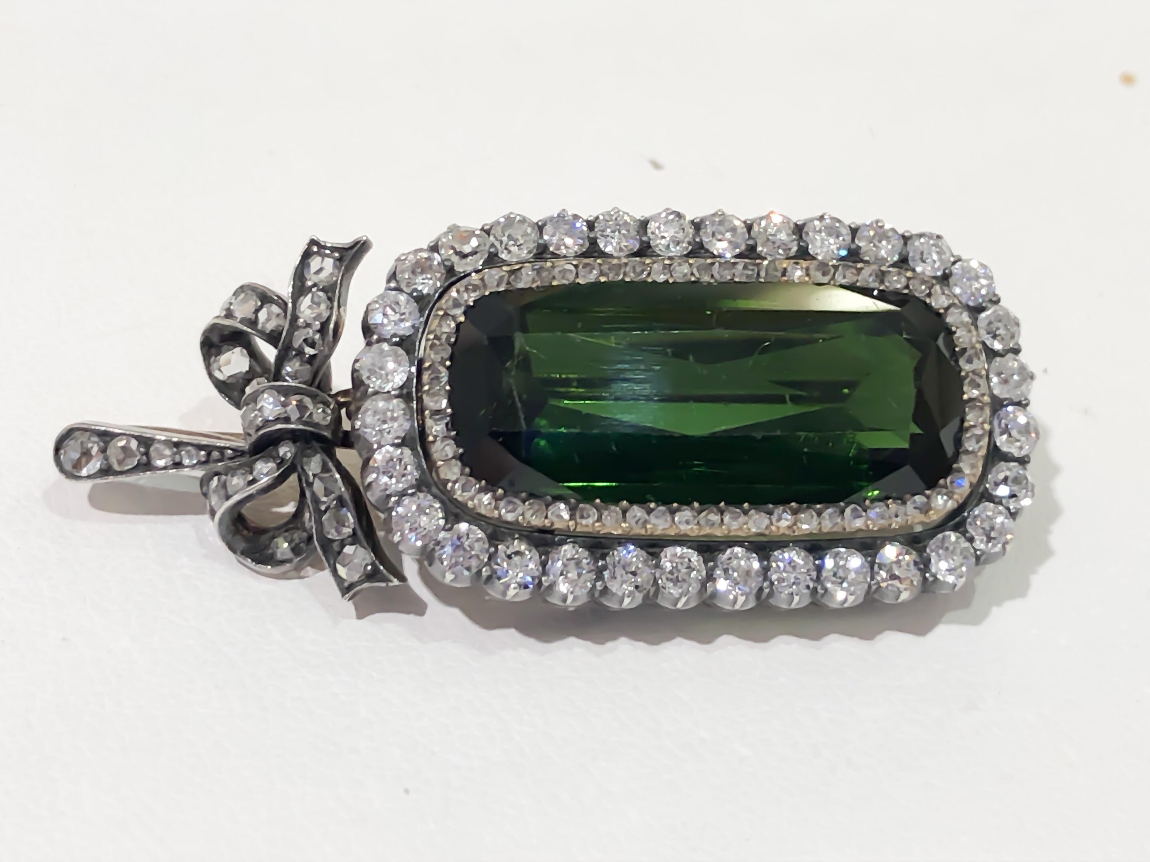 Late Victorian Antique Russian 7 Carat Tourmaline and Diamond Brooch Pendant