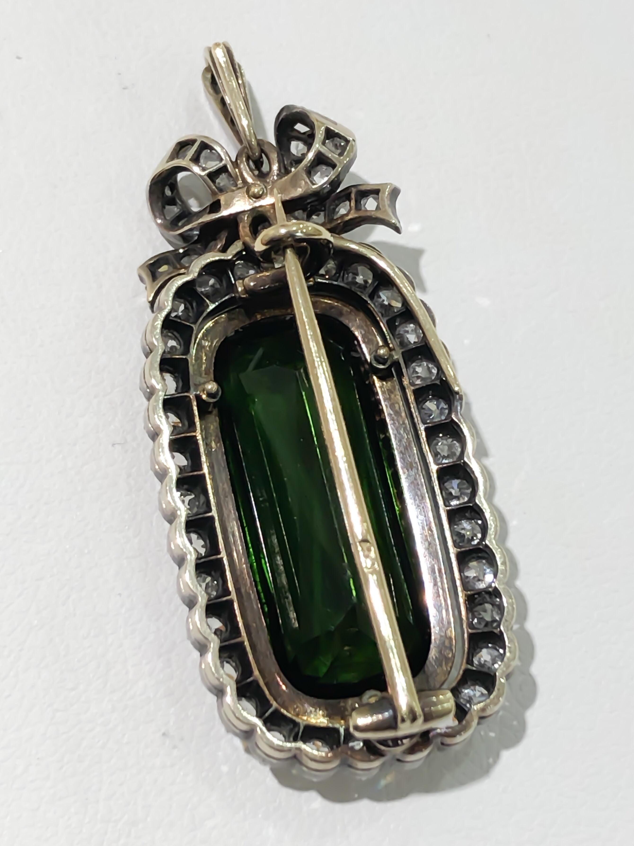 Old Mine Cut Antique Russian 7 Carat Tourmaline and Diamond Brooch Pendant