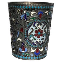 Antique Russian 84. silver-gilt and cloisonné enamel shot cup
