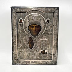 Icône orthodoxe russe ancienne en argent de 84 Zolotnik - Saint-Nicolas l'Artisan des Merveilles