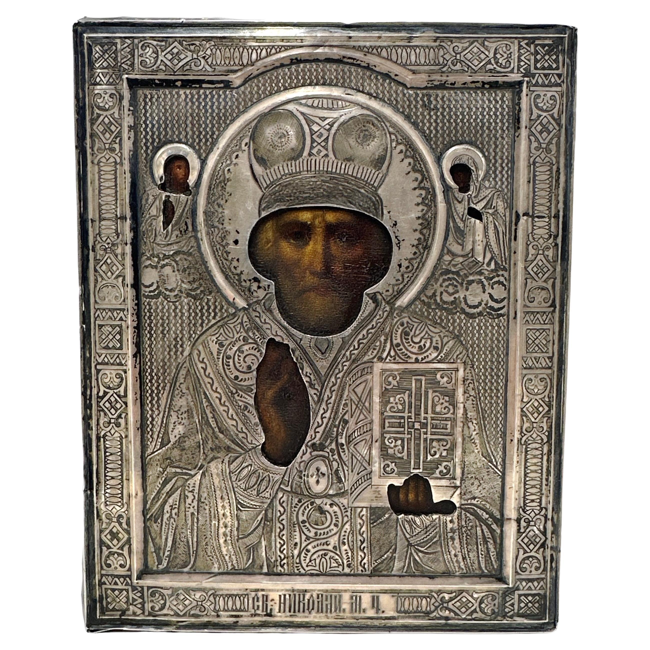 Antique Russian 84 Zolotnik Silver Orthodox Icon – St. Nicholas the Wonderworker