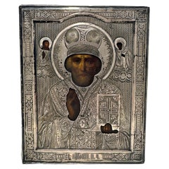 Icône orthodoxe russe ancienne en argent de 84 Zolotnik - Saint-Nicolas l'Artisan des Merveilles