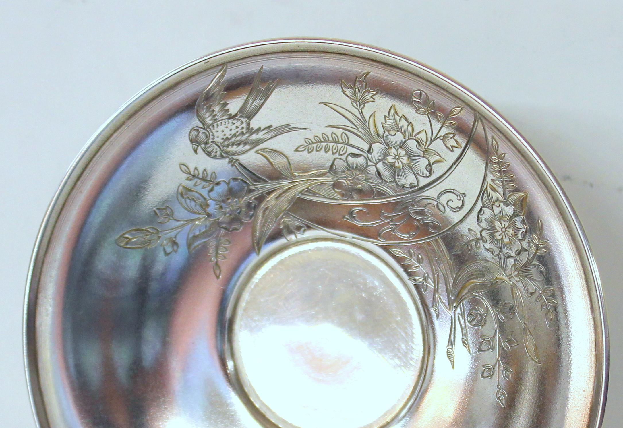 Antique Russian .875 Silver Hand Engraved Cup and Saucer, Baladanova, Moscow For Sale 7