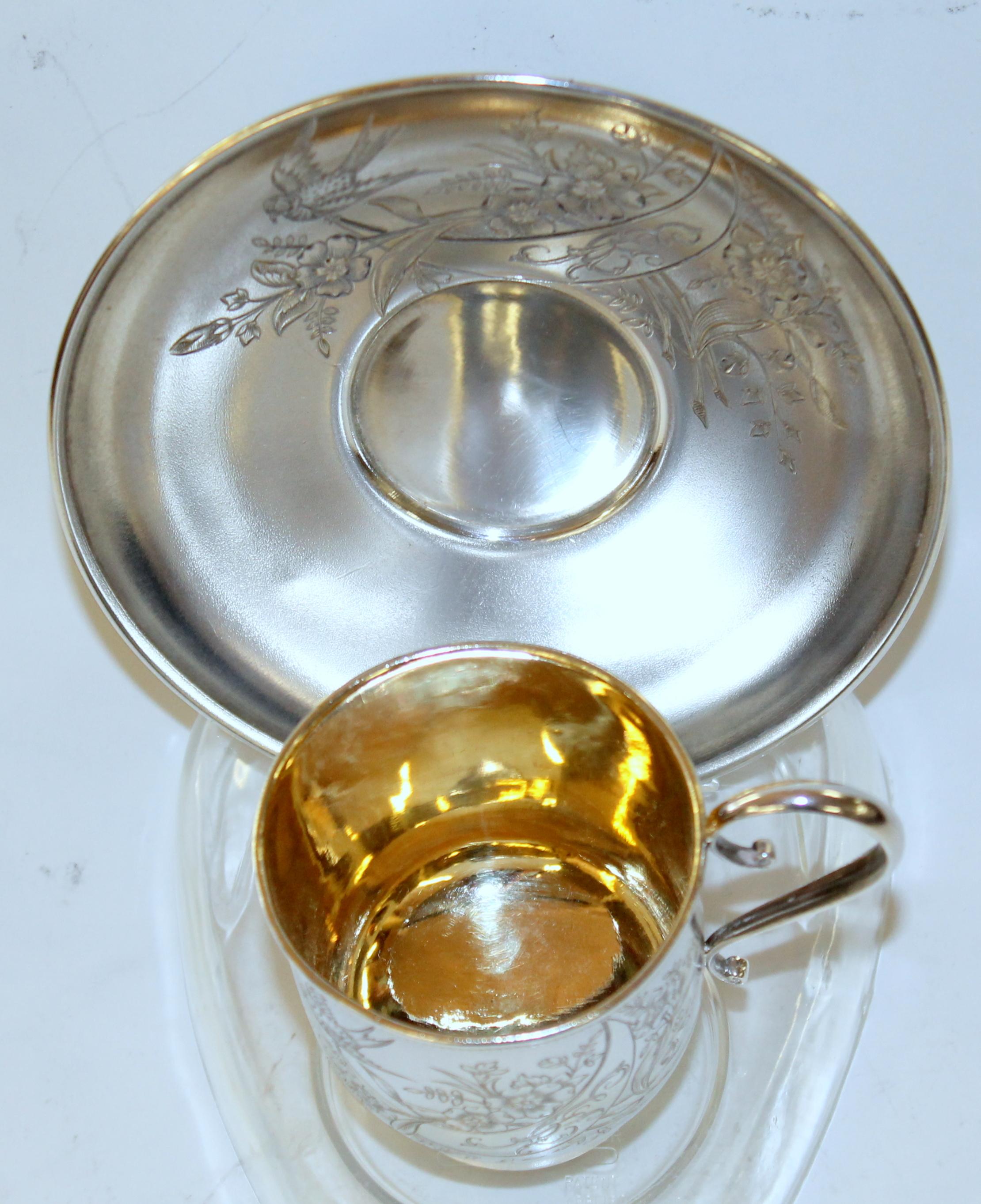 Antique Russian .875 Silver Hand Engraved Cup and Saucer, Baladanova, Moscow For Sale 9
