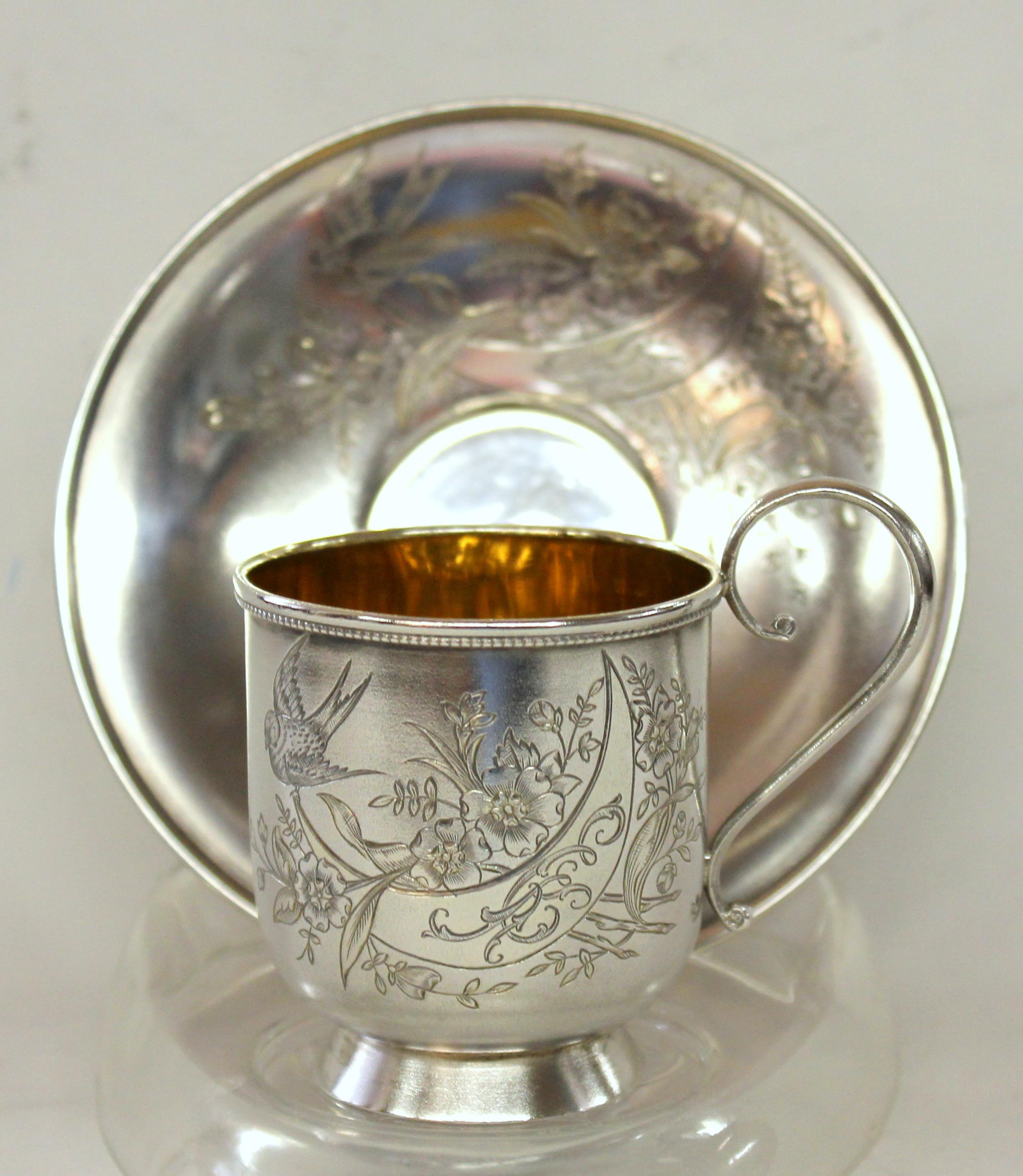 Antique Russian .875 Silver Hand Engraved Cup and Saucer, Baladanova, Moscow For Sale 11