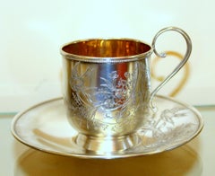 Antique Russian .875 Silver Hand Engraved Cup and Saucer, Baladanova, Moscow