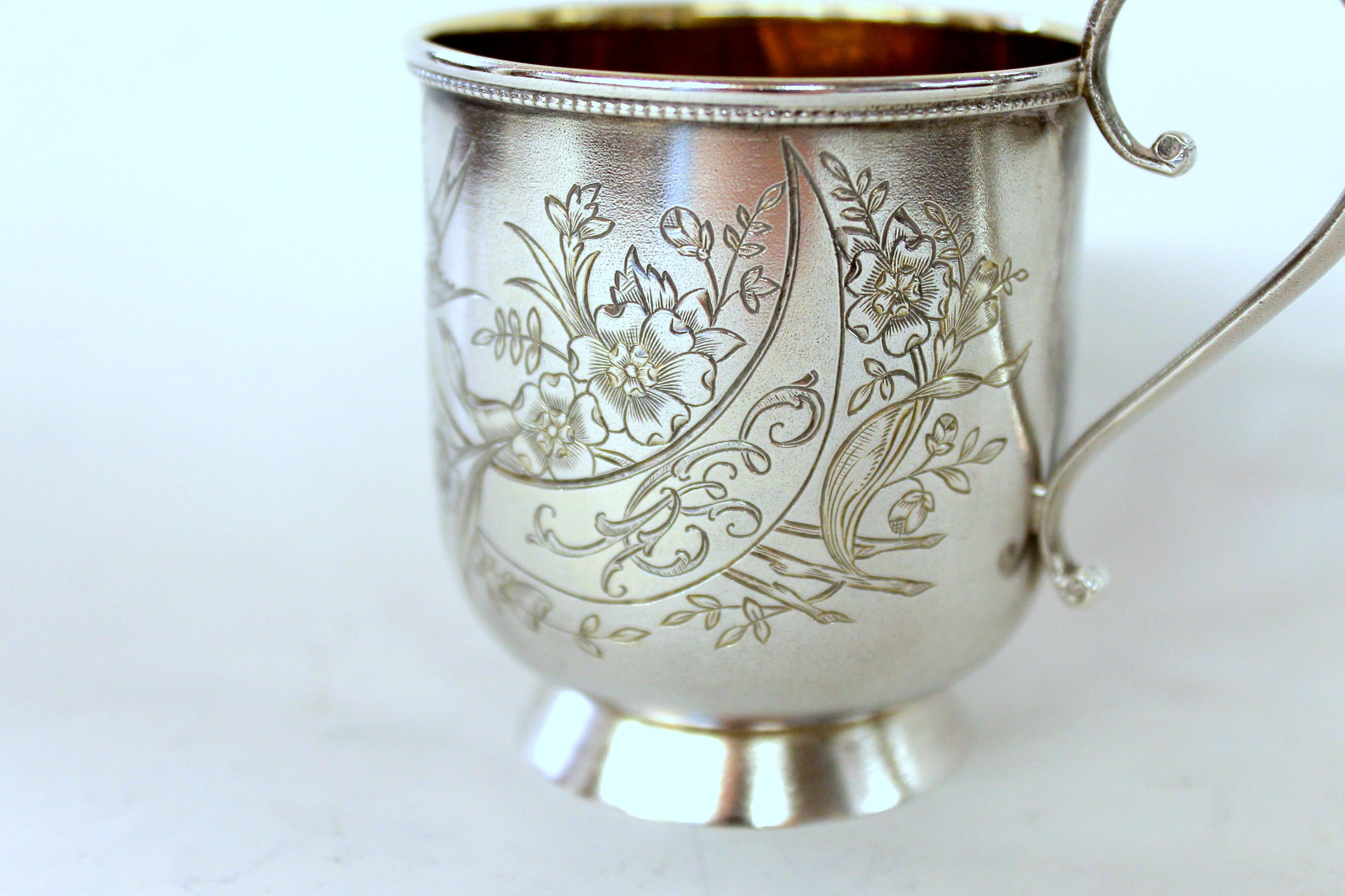 19th Century Antique Russian .875 Silver Hand Engraved Cup and Saucer, Baladanova, Moscow For Sale
