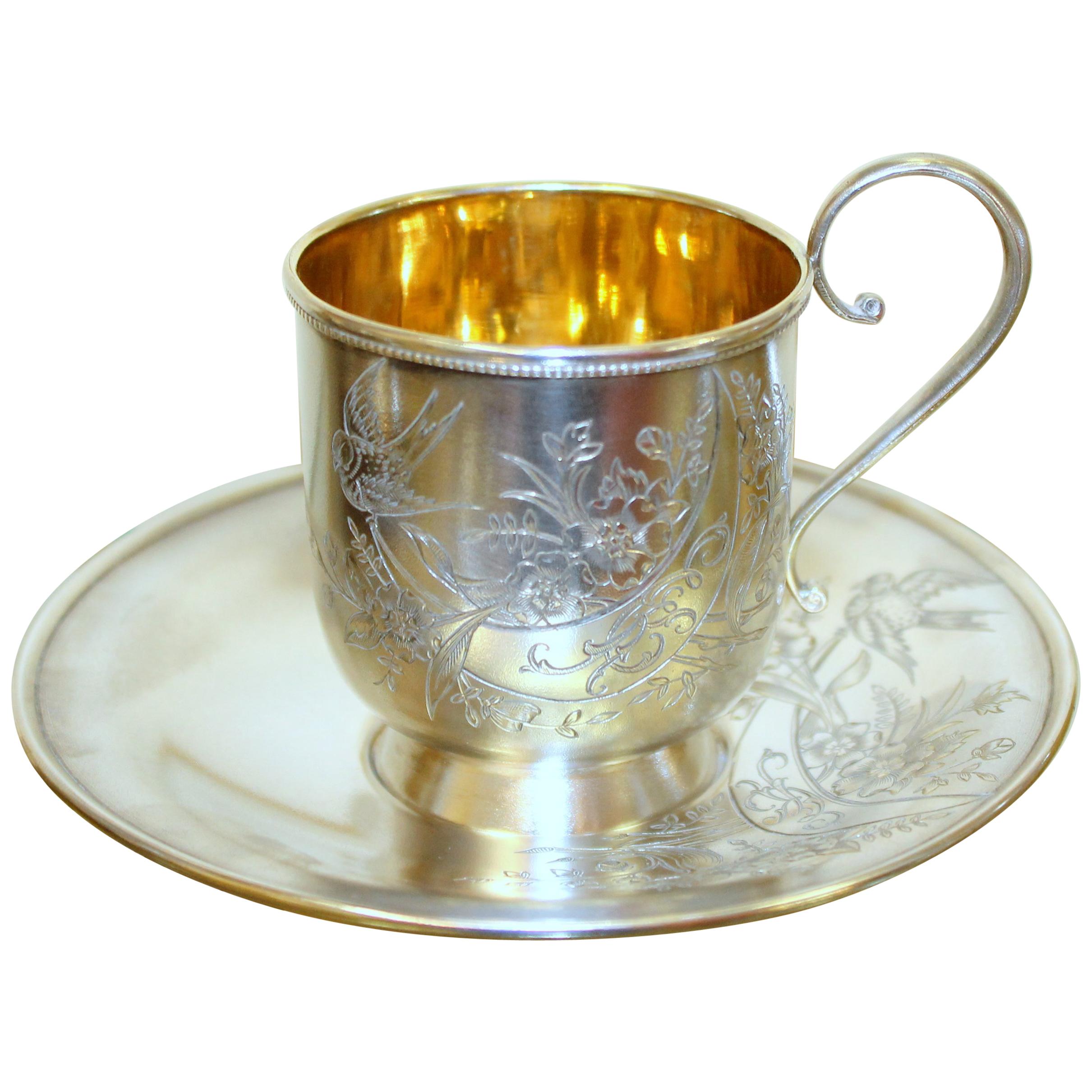 Antique Russian .875 Silver Hand Engraved Cup and Saucer, Baladanova, Moscow