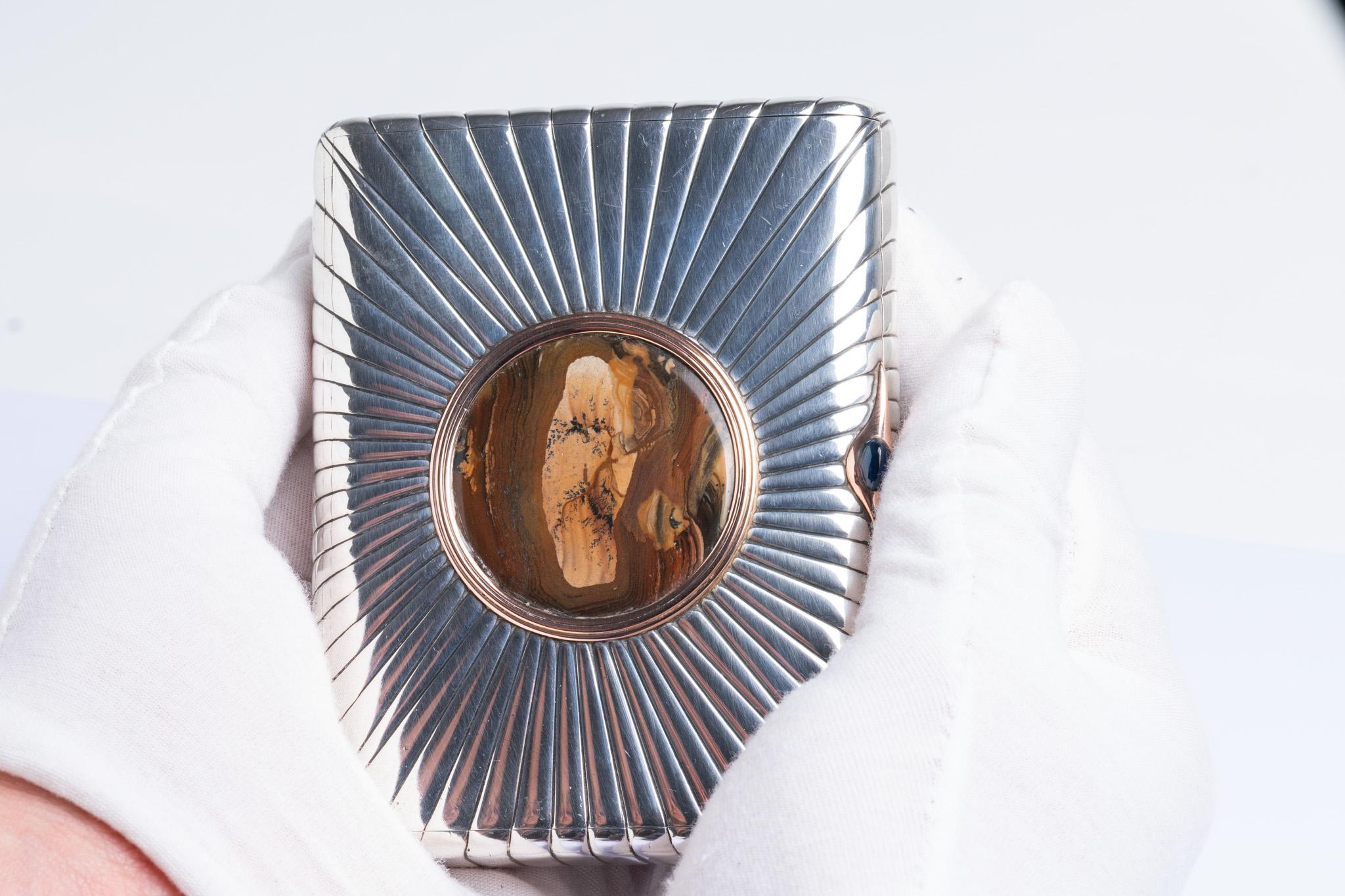 Antique Russian Vasily Kangin 9ct Gold and Silver Agate Cigarette Case For Sale 10