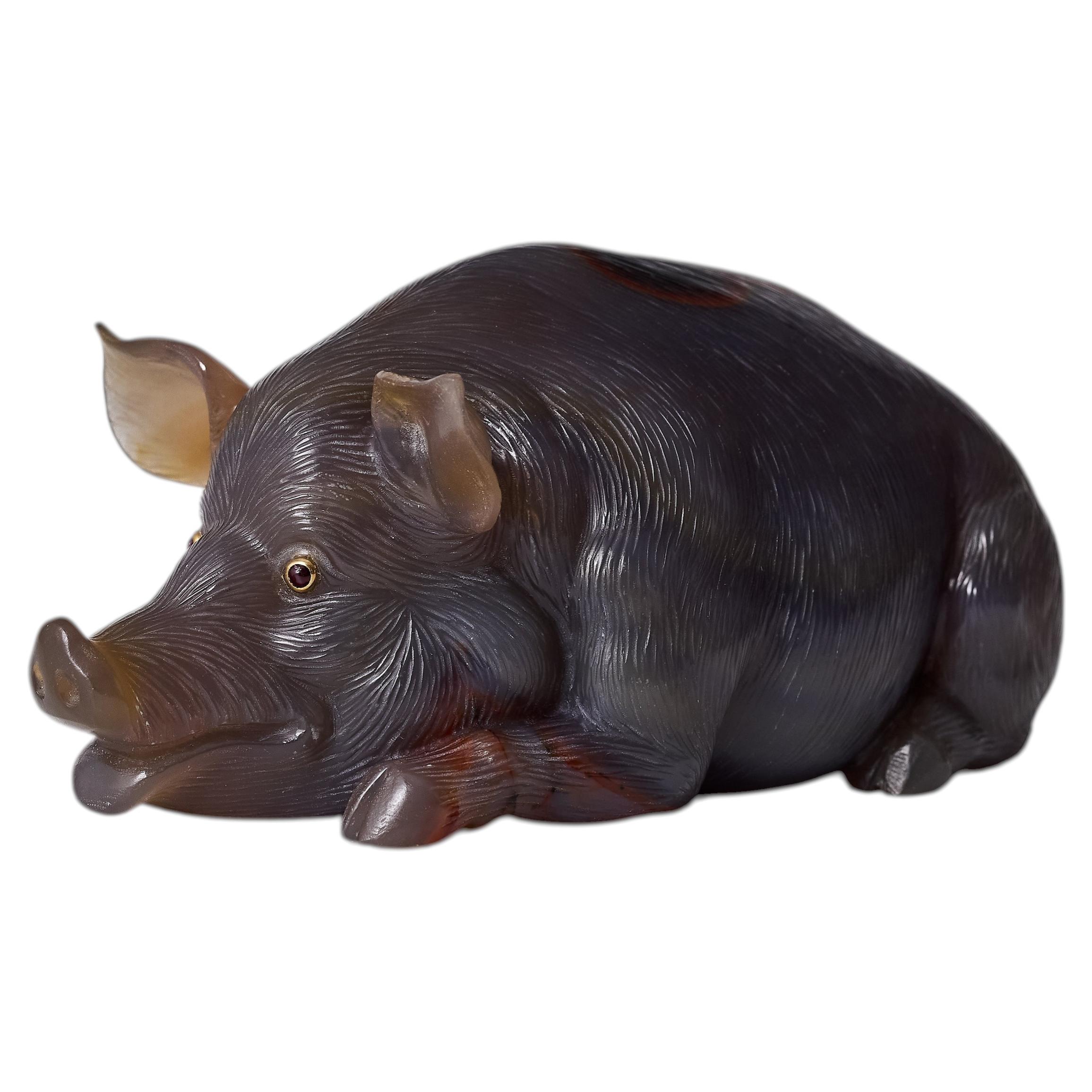 Antique Russian Agate Wild Boar Attrib. to Fabergé, Ruby Eyes, circa 1900