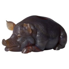Antique Russian Agate Wild Boar Attrib. to Fabergé, Ruby Eyes, circa 1900