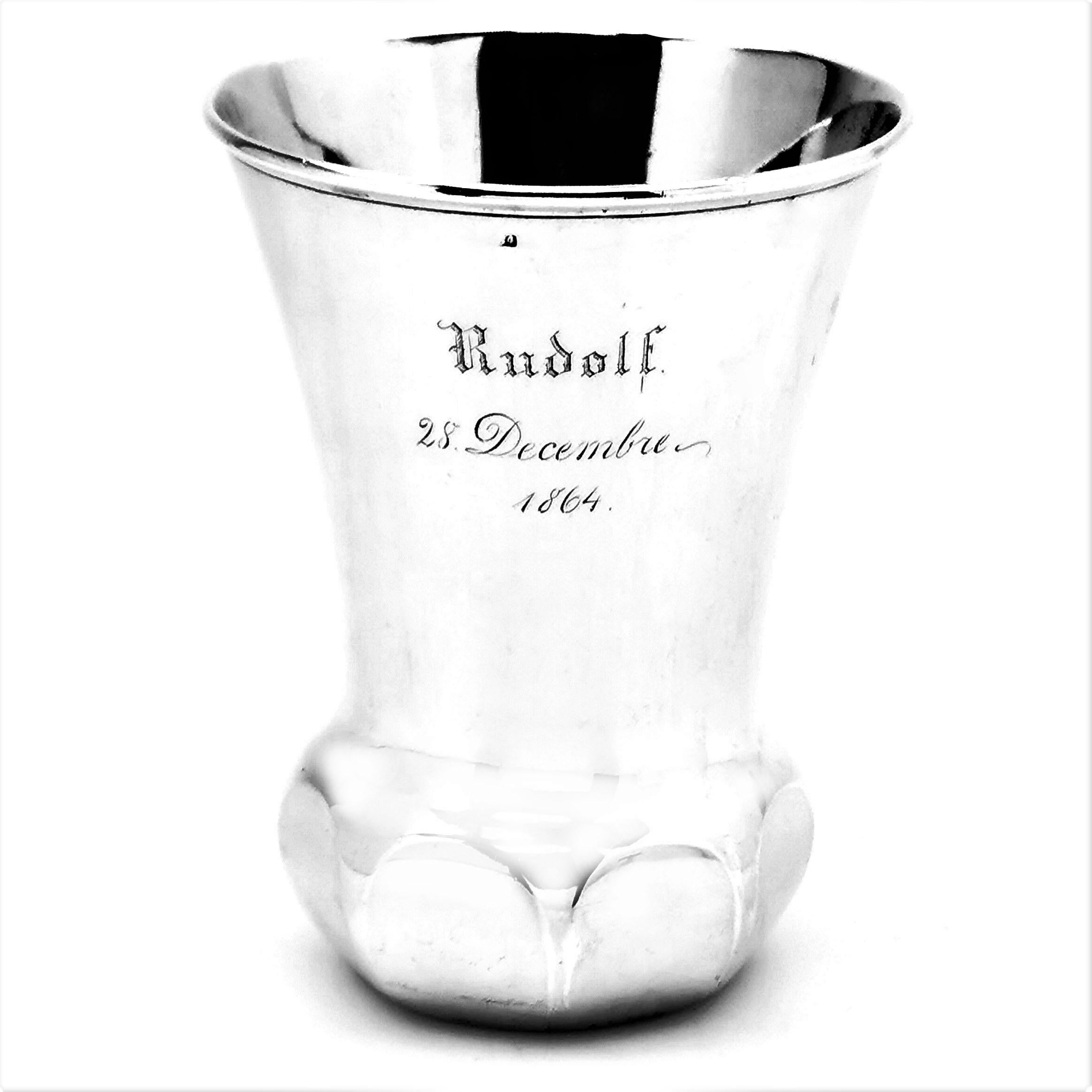 An exceptionally heavy antique Russian Alexander II solid Silver Beaker. The Beaker has a tapered cylindrical form supported by a panelled cylindrical base. The Beaker has an engraved crest on the one side including a count's coronet and on the