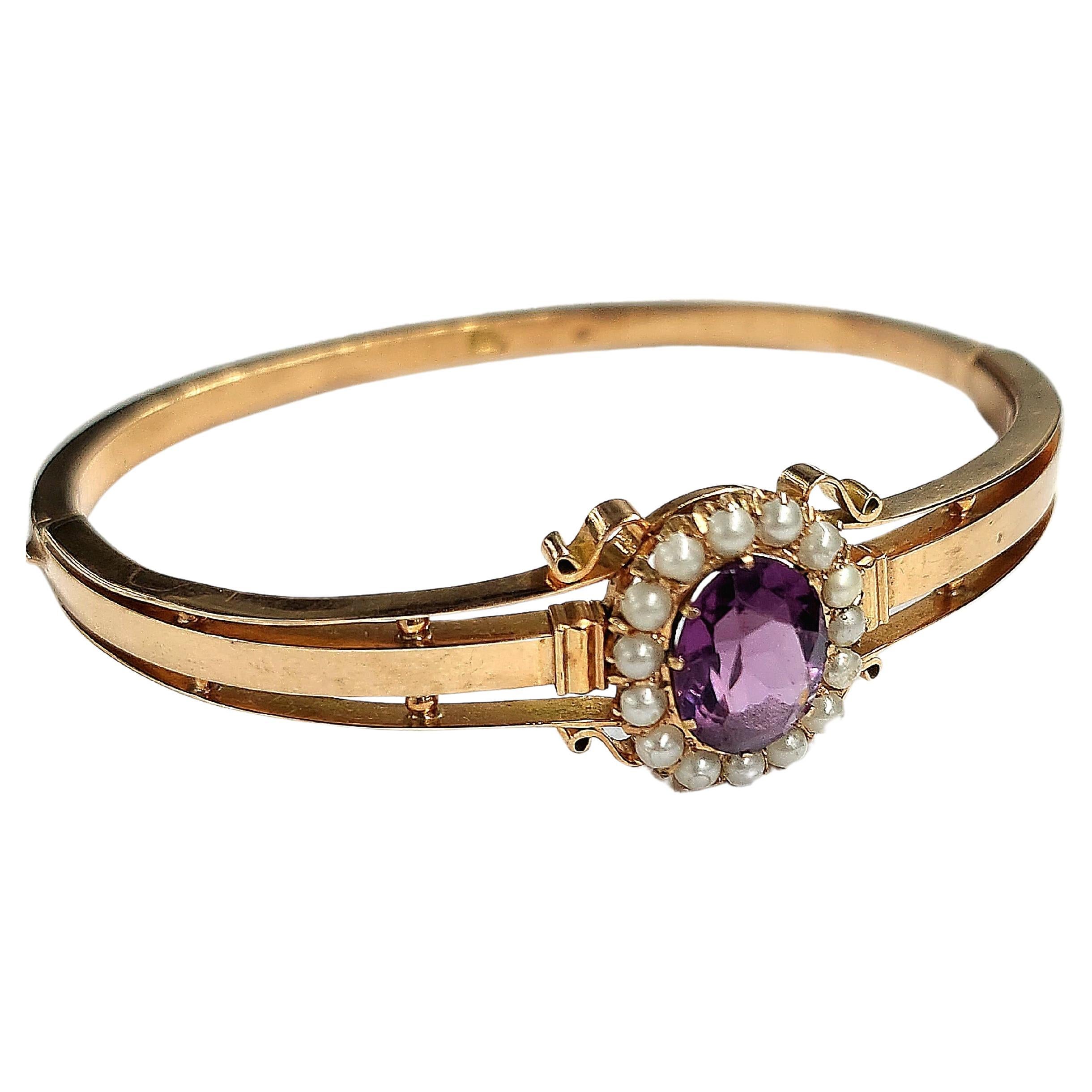 Women's Antique Russian Amethyst And Pearls Gold Bangle For Sale