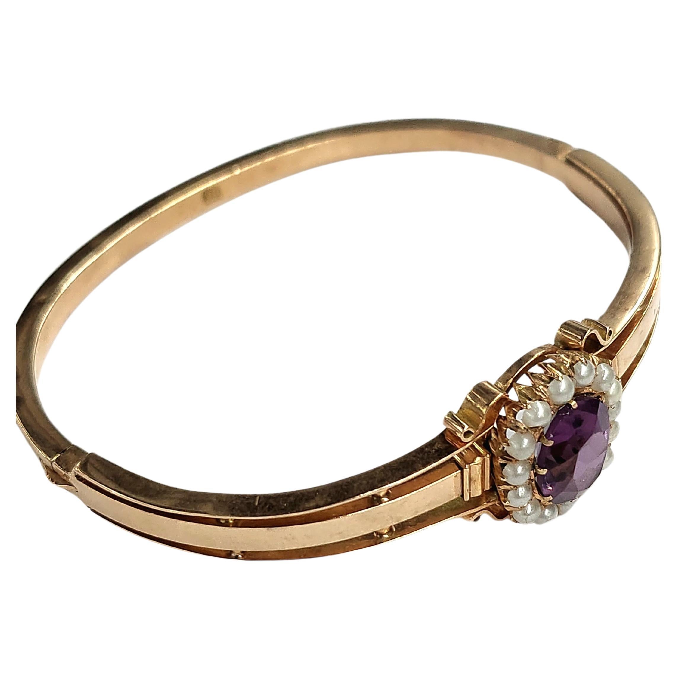 Antique Russian Amethyst And Pearls Gold Bangle For Sale 1