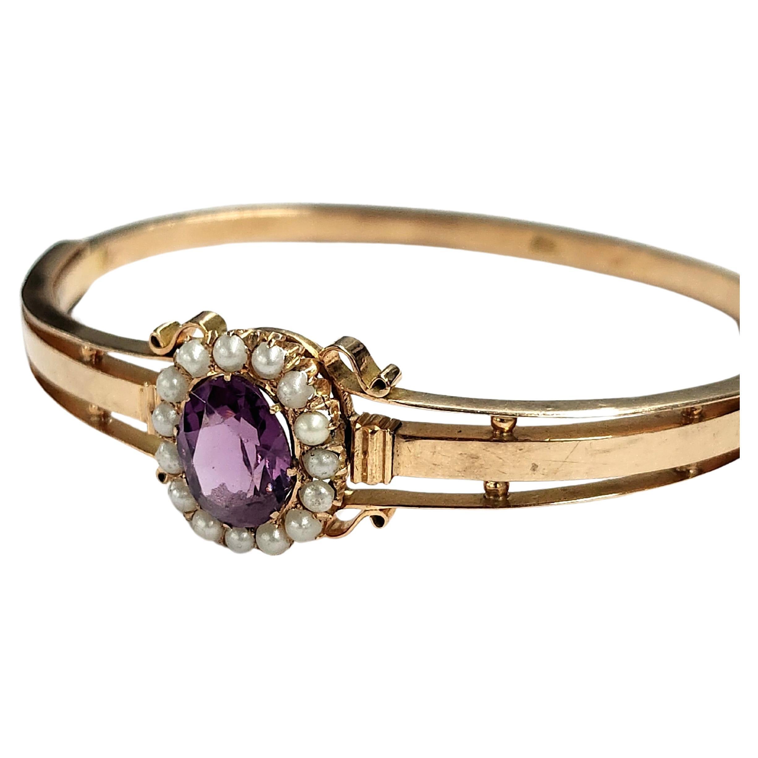 Antique Russian Amethyst And Pearls Gold Bangle For Sale 2