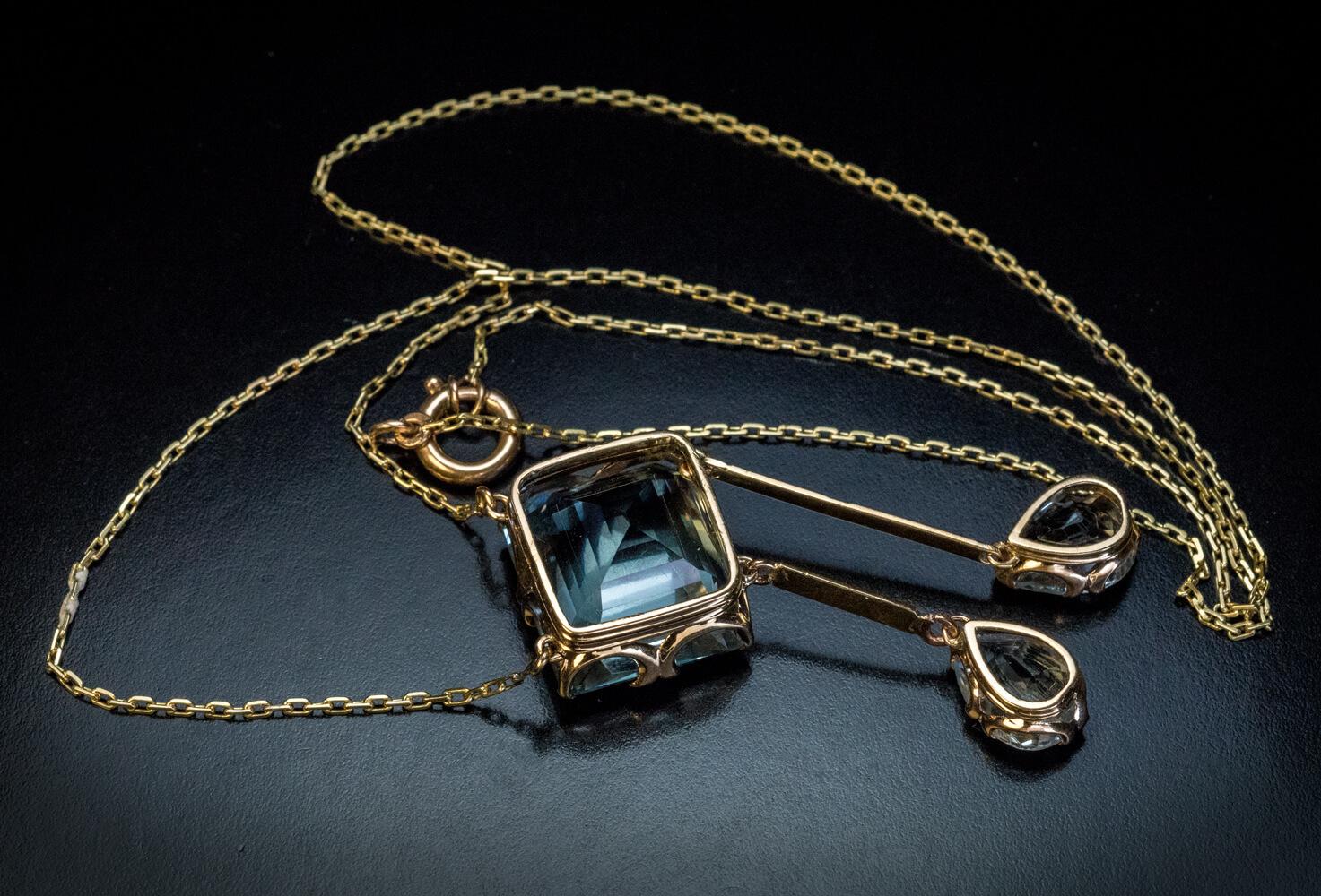 Pear Cut Antique Russian Aquamarine Gold Negligee Necklace