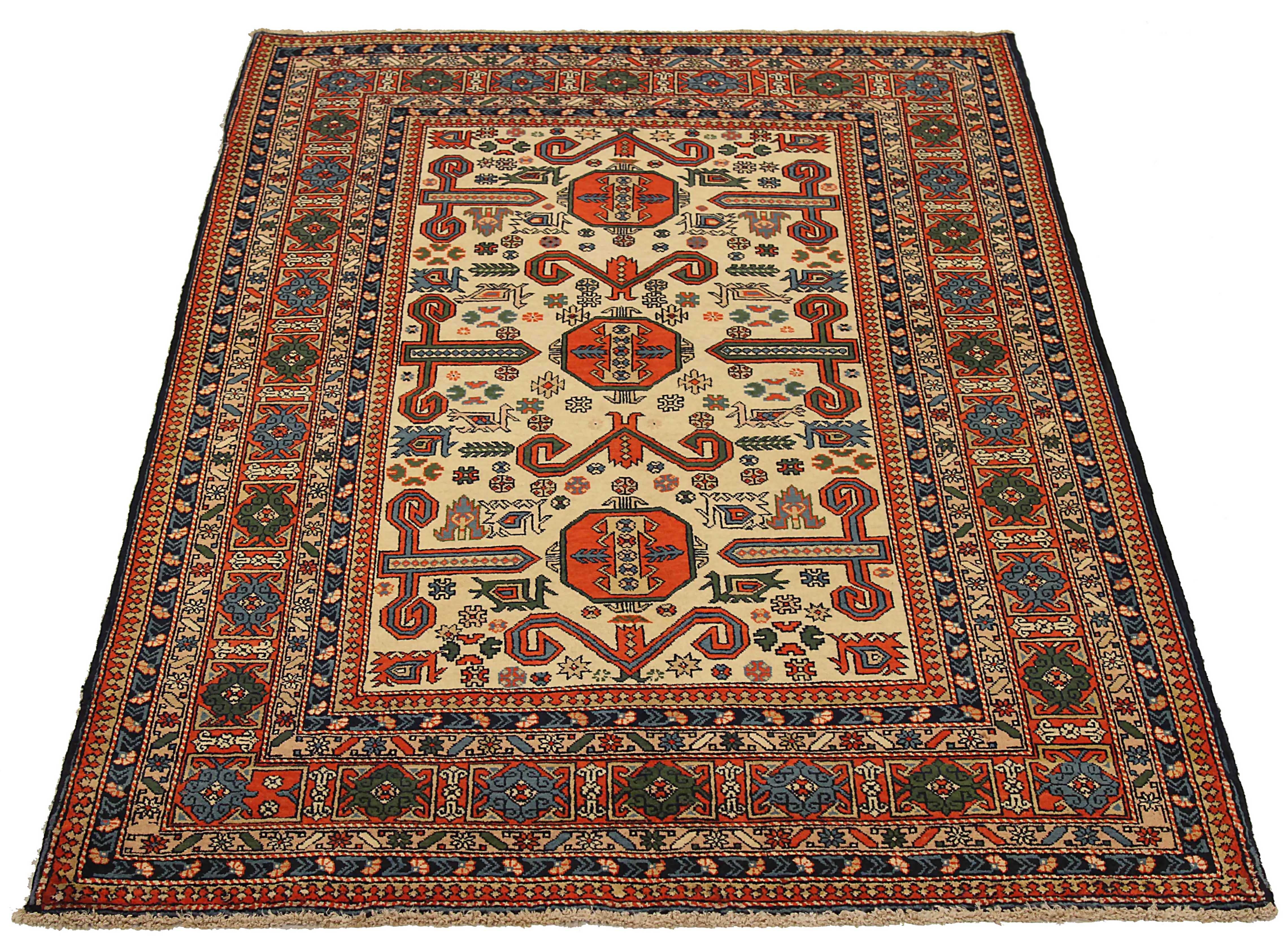 Antique Russian area rug handwoven from the finest sheep’s wool. It’s colored with all-natural vegetable dyes that are safe for humans and pets. It’s a traditional Azarbaijan design handwoven by expert artisans. It’s a lovely area rug that can be