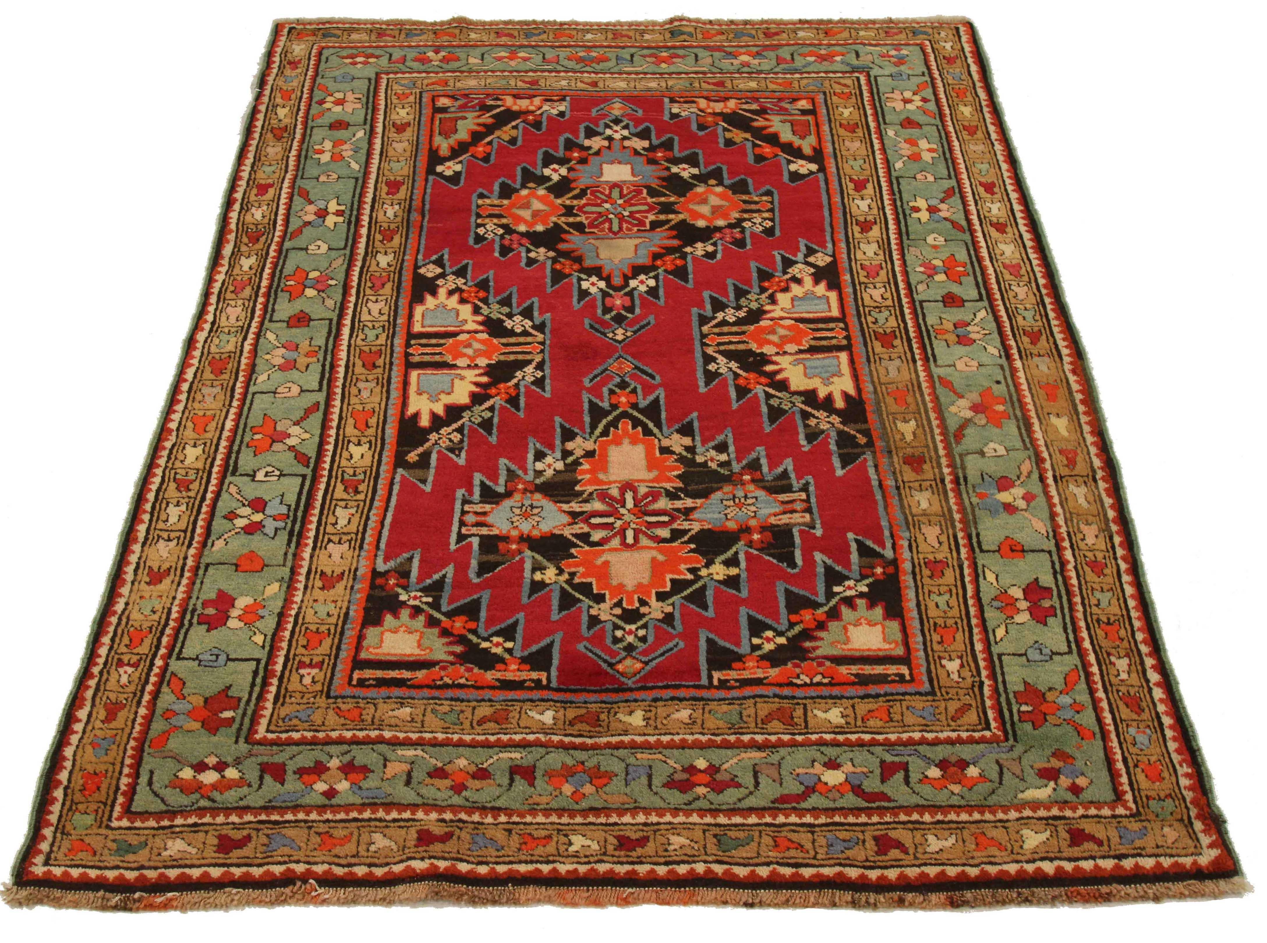 Antique Russian area rug handwoven from the finest sheep’s wool. It’s colored with all-natural vegetable dyes that are safe for humans and pets. It’s a traditional Gharebagh design handwoven by expert artisans. It’s a lovely area rug that can be