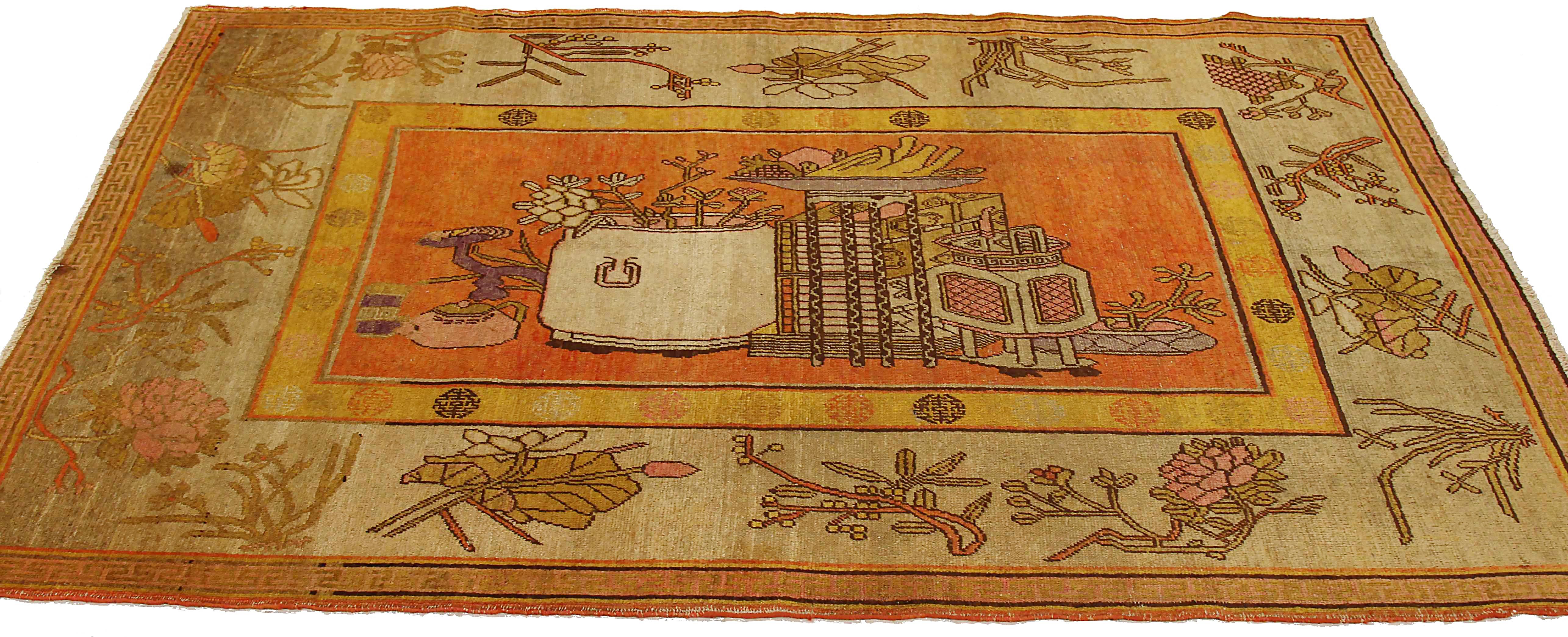 Antique Russian area rug handwoven from the finest sheep’s wool. It’s colored with all-natural vegetable dyes that are safe for humans and pets. It’s a traditional Khotan design handwoven by expert artisans. It’s a lovely area rug that can be