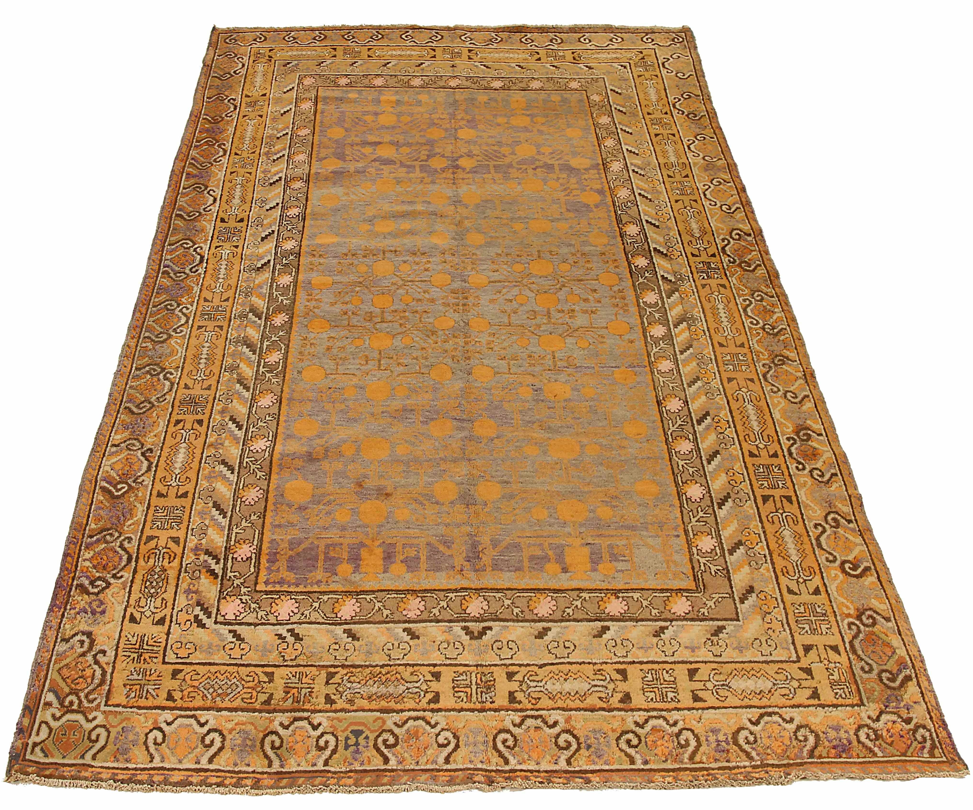 Antique Russian area rug handwoven from the finest sheep’s wool. It’s colored with all-natural vegetable dyes that are safe for humans and pets. It’s a traditional Khotan design handwoven by expert artisans. It’s a lovely area rug that can be