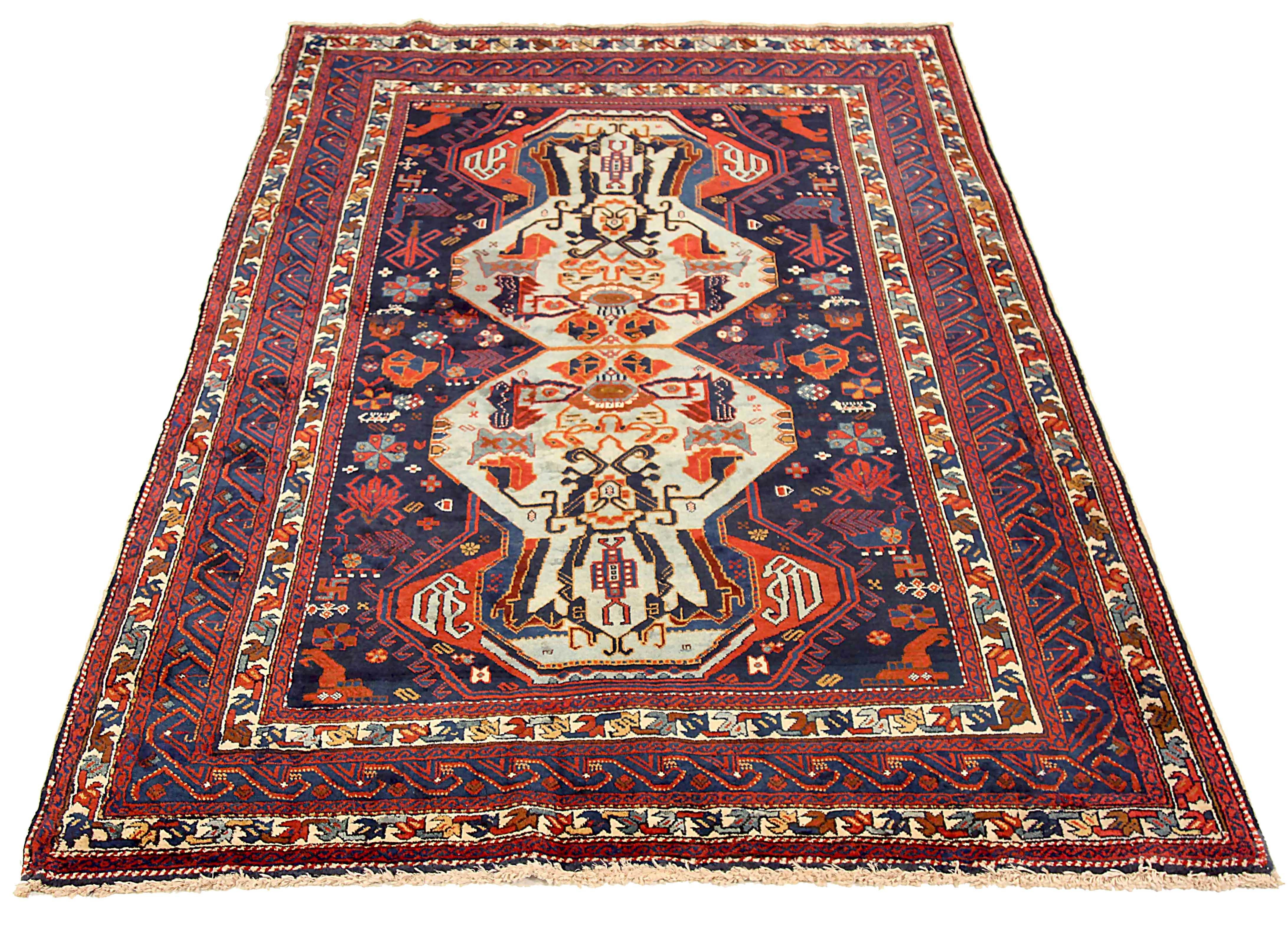 Antique Russian area rug handwoven from the finest sheep’s wool. It’s colored with all-natural vegetable dyes that are safe for humans and pets. It’s a traditional Russian design handwoven by expert artisans. It’s a lovely area rug that can be