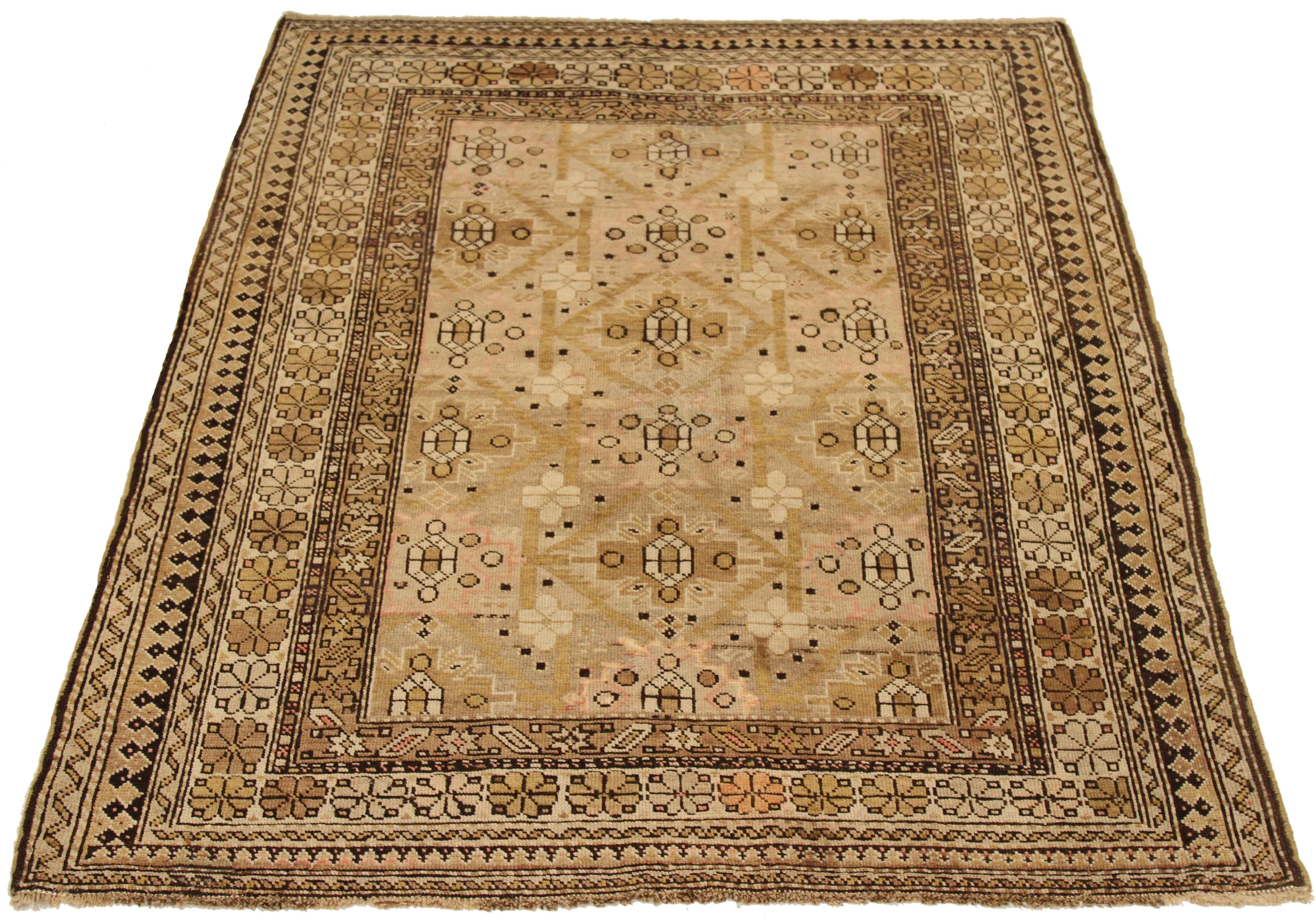 Antique Russian area rug handwoven from the finest sheep’s wool. It’s colored with all-natural vegetable dyes that are safe for humans and pets. It’s a traditional Shirvan design handwoven by expert artisans. It’s a lovely area rug that can be