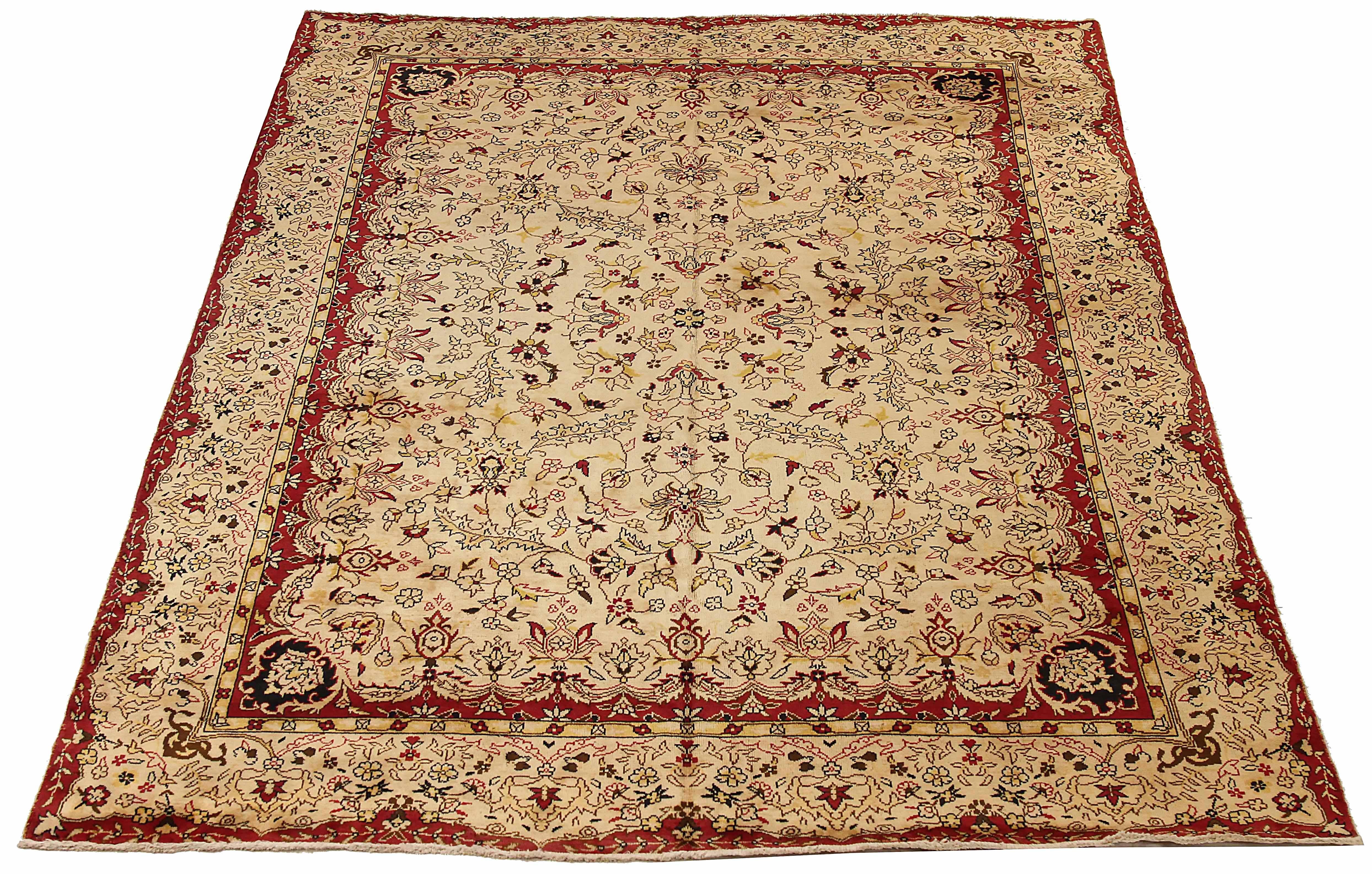 Antique Russian area rug handwoven from the finest sheep’s wool. It’s colored with all-natural vegetable dyes that are safe for humans and pets. It’s a traditional Tabriz design handwoven by expert artisans. It’s a lovely area rug that can be