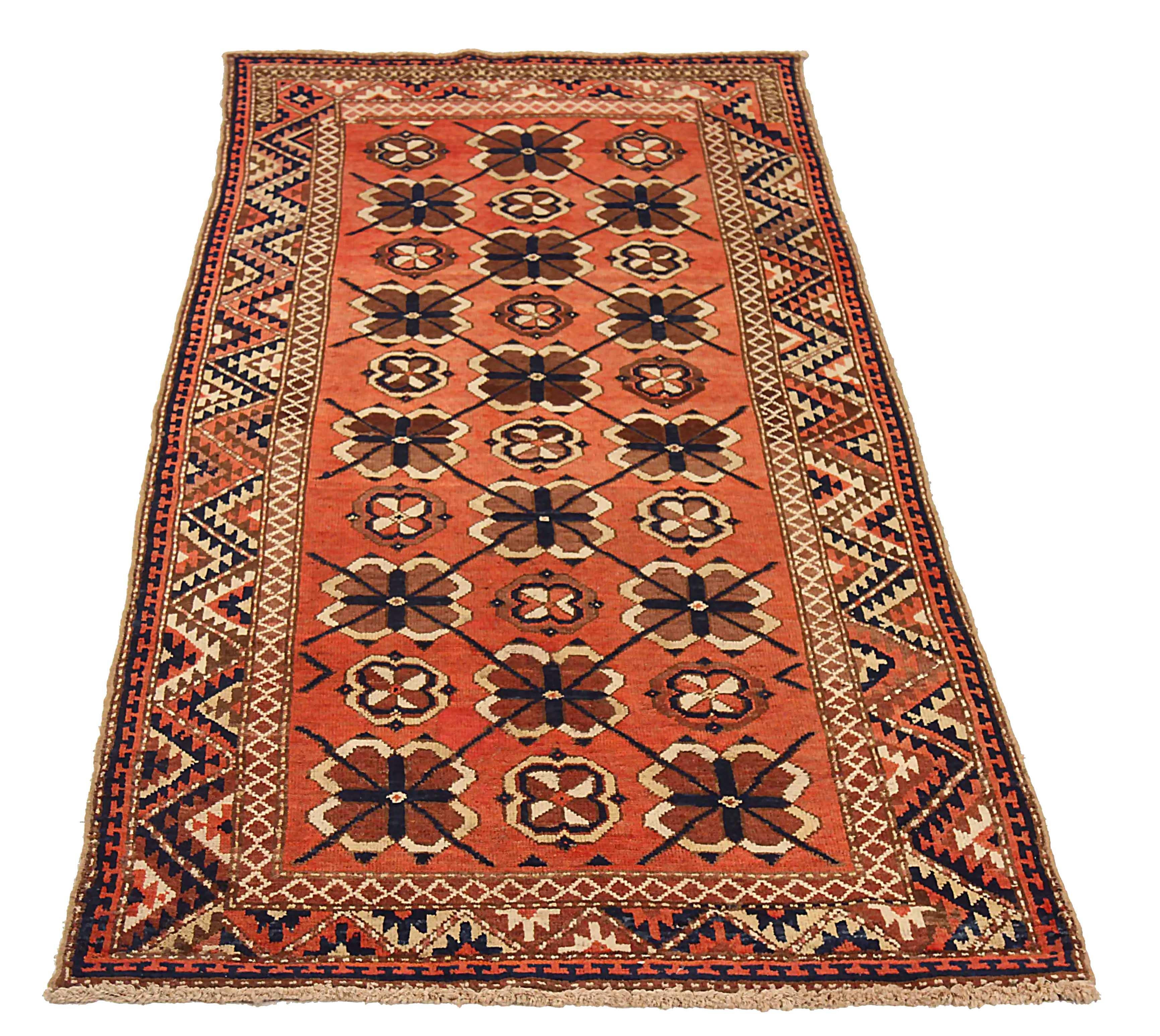 Antique Russian area rug handwoven from the finest sheep’s wool. It’s colored with all-natural vegetable dyes that are safe for humans and pets. It’s a traditional Uzbak design handwoven by expert artisans. It’s a lovely area rug that can be