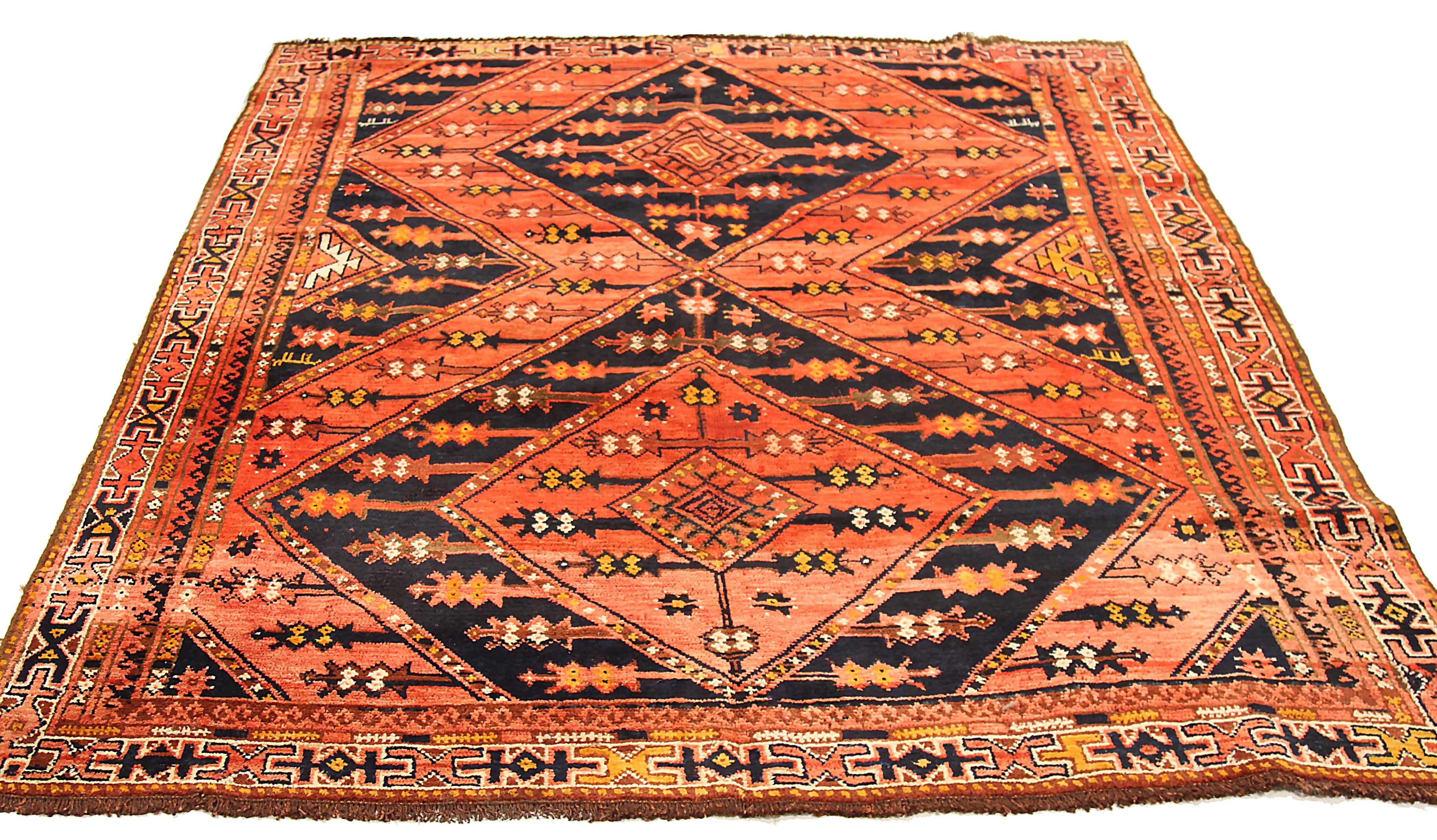 Antique Russian area rug handwoven from the finest sheep’s wool. It’s colored with all-natural vegetable dyes that are safe for humans and pets. It’s a traditional Uzbak design handwoven by expert artisans. It’s a lovely area rug that can be