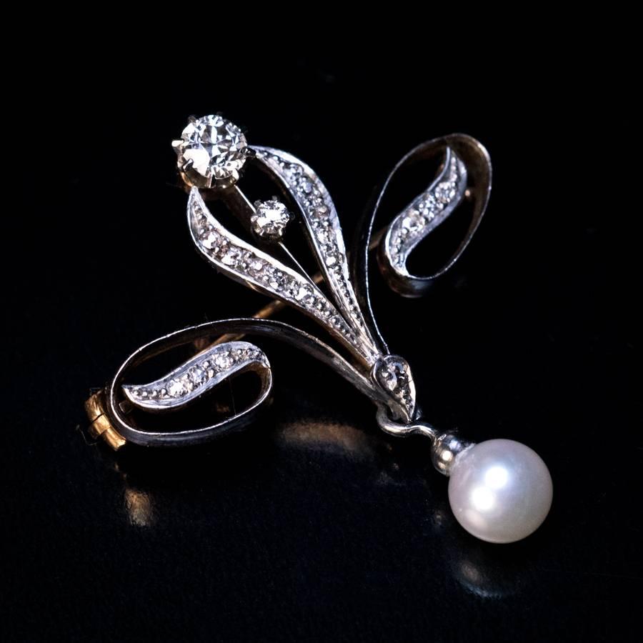 Antique Russian Art Nouveau Diamond Pearl Brooch In Excellent Condition In Chicago, IL
