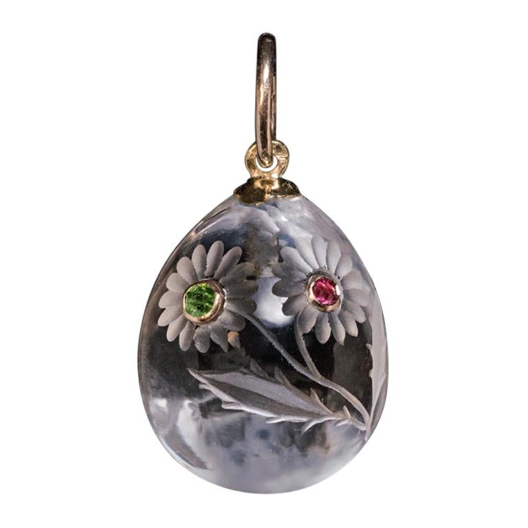 Antique Russian Art Nouveau Jeweled Rock Crystal Egg Pendant