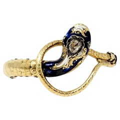 Antique Russian Articulated Snake Cuff Bracelet Diamond and 14 Karat Yellow Gold