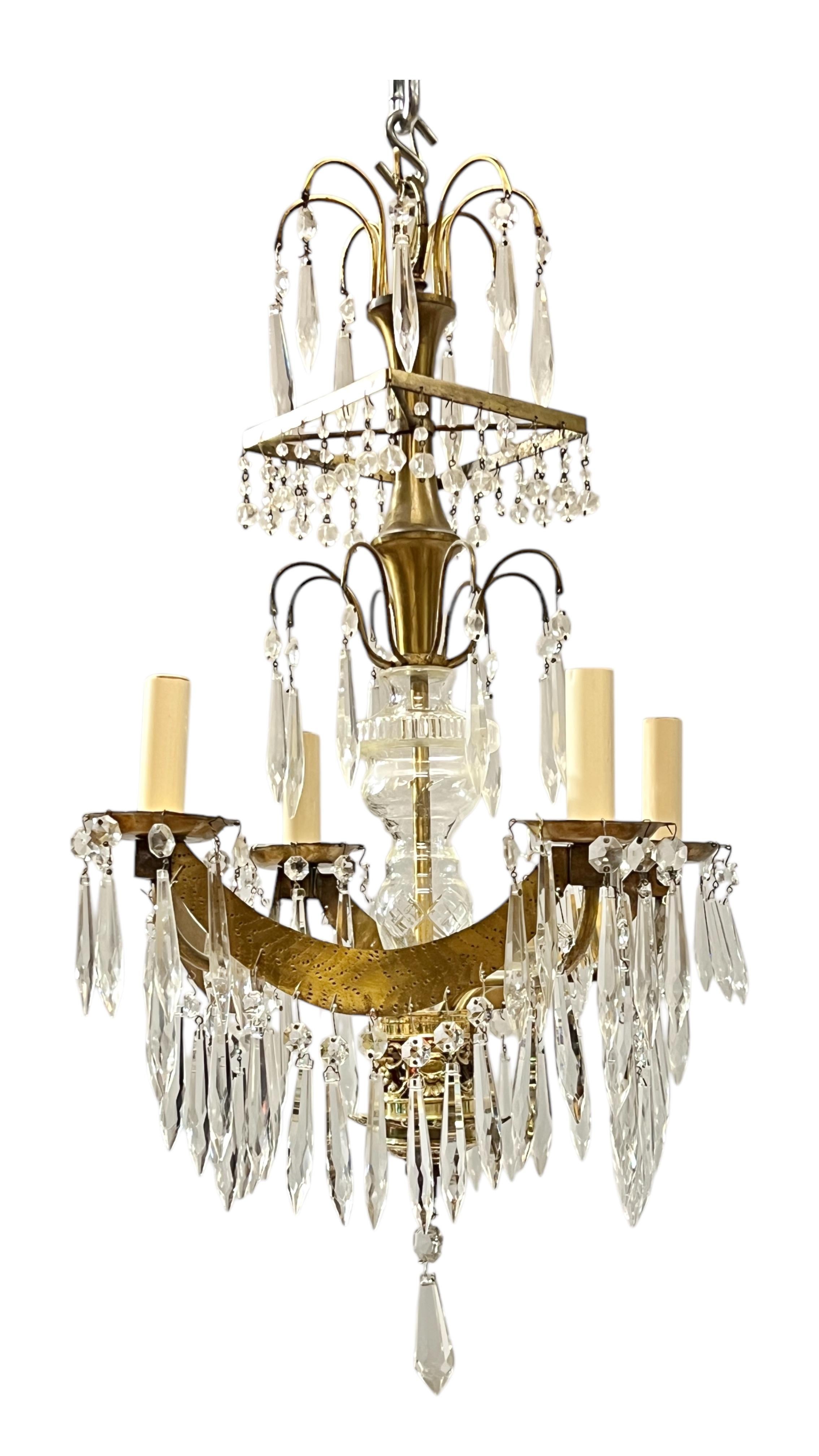 Antique Russian Baltic Style Gilt Metal and Glass Chandelier In Good Condition For Sale In New York, NY