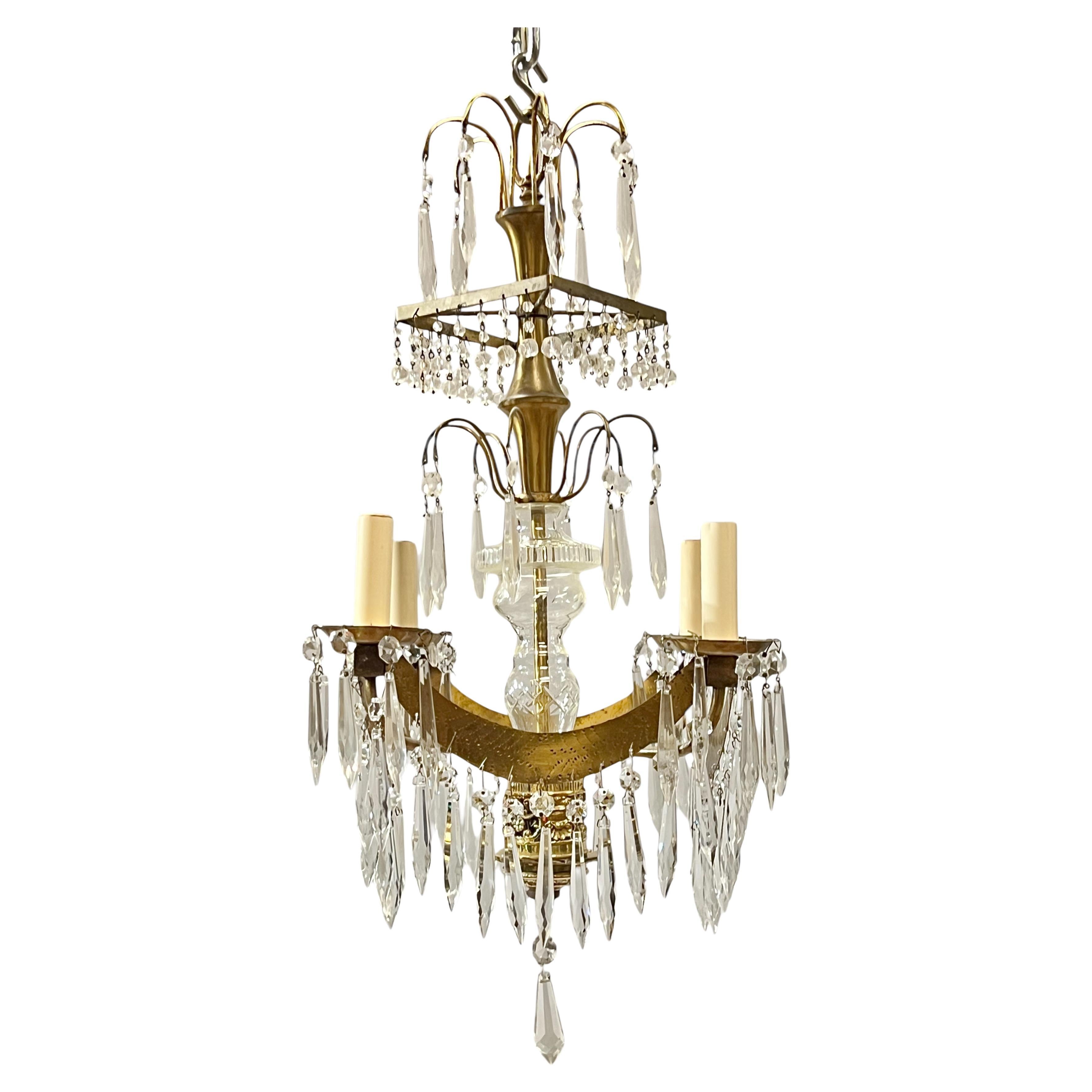 Antique Russian Baltic Style Gilt Metal and Glass Chandelier For Sale