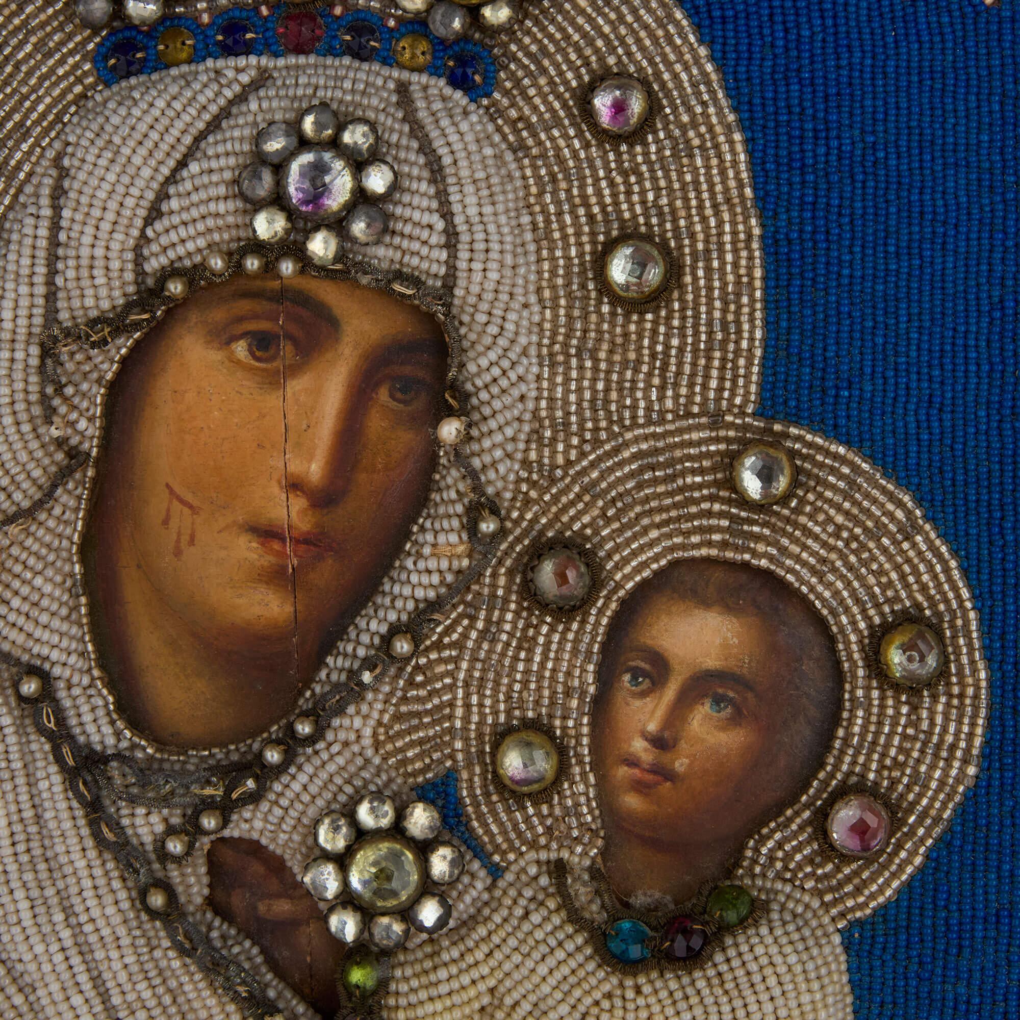 Antique Russian Beaded Icon After the Iverskaya In Good Condition For Sale In London, GB